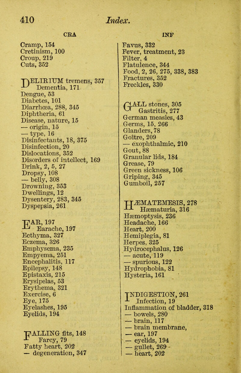 CEA Cramp, 154 Cretinism, 100 Croup, 219 Cuts, 352 'PiELIEIUM tremens, 357 Dementia, 171 Dengue, 53 Diabetes, 101 Diarrhoea, 288, 345 Diphtheria, 61 Disease, nature, 15 — origin, 15 — type, 16 Disinfectants, 18, 375 Disinfection, 20 Dislocations, 352 Disorders of intellect, 169 Drink, 2, 5, 27 Dropsy, 108 — belly, 308 Drowning, 353 Dwellings, 12 Dysentery, 283, 345 Dyspepsia, 261 T?AB, 197 ^ Earache, 197 Ecthyma, 327 Eczema, 326 Emphysema, 235 Empyema, 251 Encephalitis, 117 Epilepsy, 148 Epistaxis, 215 Erysipelas, 53 Erythema, 321 Exercise, 6 Eye, 175 Eyelashes, 195 Eyelids, 194 T^ALLING fits, 148 •*- Farcy, 79 Eatty heart, 202 — degeneration, 347 INF Eavus, 332 Fever, treatment, 23 Filter, 4 Flatulence, 344 Food, 2, 26, 275, 338, 383 Fractures, 352 Freckles, 330 ALL stones, 305 ^ Gastritis, 277 German measles, 43 Germs, 15, 266 Glanders, 78 Goitre, 209 — exophthalmic, 210 Gout, 88 Granular lids, 184 Grease, 79 Green sickness, 106 Griping, 345 Gumboil, 257 TTiEMATEMESIS, 278 Hasmaturia, 316 Haemoptysis, 236 Headache, 166 Heart, 200 Hemiplegia, 81 Herpes, 325 Hydrocephalus, 126 — acute, 119 — spurious, 122 Hydrophobia, 81 Hysteria, 161 TNDIGESTION, 261 Infection, 19 Inflammation of bladder, 318 — bowels, 280 — brain, 117 — brain membrane, — ear, 197 — eyelids, 194 — gullet, 269 - — heart, 202