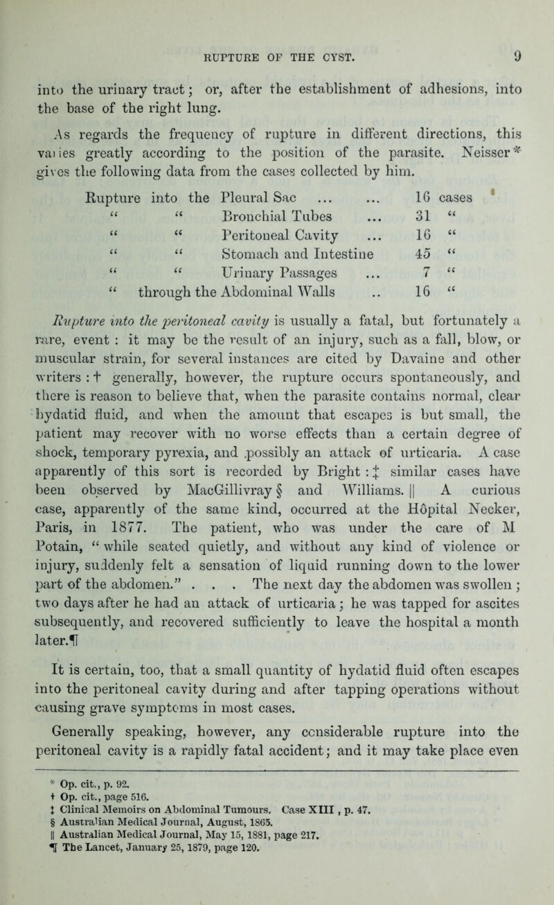 into the urinary tract; or, after the establishment of adhesions, into the base of the right lung. As regards the frequency of rupture in different directions, this vaiies greatly according to the position of the parasite. Neisser* * * § gives the following data from the cases collected by him. Rupture into the Pleural Sac “ “ Bronchial Tubes “ “ Peritoneal Cavity “ “ Stomach and Intestine “ “ Urinary Passages “ through the Abdominal Walls 1G cases 31 “ 16 “ 45 “ 7 “ 16 “ Rupture into the peritoneal cavity is usually a fatal, but fortunately a rare, event : it may be the result of an injury, such as a fall, blow, or muscular strain, for several instances are cited by Davaine and other writers : t generally, however, the rupture occurs spontaneously, and there is reason to believe that, when the parasite contains normal, clear hydatid fluid, and when the amount that escapes is but small, the patient may recover with no worse effects than a certain degree of shock, temporary pyrexia, and .possibly an attack of urticaria. A case apparently of this sort is recorded by Bright : J similar cases have been observed by MacGillivray § and Williams. || A curious case, apparently of the same kind, occurred at the Hopital Necker, Paris, in 1877. The patient, who was under the care of M Potain, “ while seated quietly, and without any kind of violence or injury, suddenly felt a sensation of liquid running down to the lower part of the abdomen.” . . . The next day the abdomen was swollen ; two days after he had an attack of urticaria; he was tapped for ascites subsequently, and recovered sufficiently to leave the hospital a month later. U It is certain, too, that a small quantity of hydatid fluid often escapes into the peritoneal cavity during and after tapping operations without causing grave symptoms in most cases. Generally speaking, however, any considerable rupture into the peritoneal cavity is a rapidly fatal accident; and it may take place even * Op. cit., p. 92. + Op. cit., page 516. t Clinical Memoirs on Abdominal Tumours. Case XIII, p. 47. § Australian Medical Journal, August, 1865. || Australian Medical Journal, May 15,1881, page 217. II The Lancet, January 25, 1879, page 120.