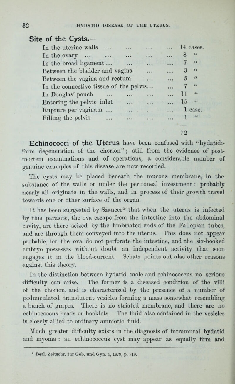 Site of the Cysts.— In the uterine walls ... In the ovary ... In the broad ligament... Between the bladder and vagina Between the vagina and rectum In the connective tissue of the pelvis In Douglas’ pouch Entering the pelvic inlet Rupture per vaginam ... Filling the pelvis 14 cases. 8 “ 7 “ 3 “ 5 “ 7 “ 11 “ 15 “ 1 case. 1 “ 72 Echinococci of the uterus have been confused with “hydatidi- form degeneration of the chorion”; still from the evidence of post- mortem examinations and of operations, a considerable number of genuine examples of this disease are now recorded. The cysts may be placed beneath the mucous membrane, in the substance of the walls or under the peritoneal investment: probably nearly all originate in the walls, and in process of their growth travel towards one or other surface of the organ. It has been suggested by Szancer* that when the uterus is infected by this parasite, the ova escape from the intestine into the abdominal cavity, are there seized by the fimbriated ends of the Fallopian tubes, and are through them conveyed into the uterus. This does not appear probable, for the ova do not perforate the intestine, and the six-hooked embryo possesses without doubt an independent activity that soon engages it in the blood-current. Schatz points out also other reasons against this theory. In the distinction between hydatid mole and echinococcus no serious difficulty can arise. The former is a diseased condition of the villi of the chorion, and is characterized by the presence of a uumber of pedunculated translucent vesicles forming a mass somewhat resembling a bunch of grapes. There is no striated membrane, and there are no echinococcus heads or hooklets. The fluid also contained in the vesicles is closely allied to ordinary amniotic fluid. Much greater difficulty exists in the diagnosis of intramural hydatid and myoma : an echinococcus cyst may appear as equally firm and * Berl. Zeitscbr. fur Geb. und Gyn. 4, 1879, p. 819.