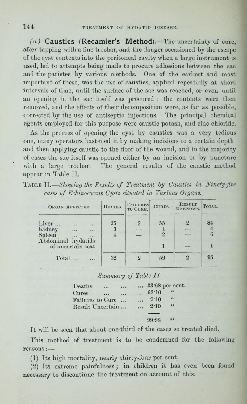 (a) Caustics (Recamier’s Method).—The uncertainty of cure, after tapping with a fine trochar, and the danger occasioned by the escape of the cyst contents into the peritoneal cavity when a large instrument is used, led to attempts being made to procure adhesions between the sac and the parietes by various methods. One of the earliest and most important of these, was the use of caustics, applied repeatedly at short intervals of time, until the surface of the sac was reached, or even until an opening in the sac itself was procured; the contents were then removed, and the effects of their decomposition were, as far as possible, corrected by the use of antiseptic injections. The principal chemical agents employed for this purpose were caustic potash, and zinc chloride. As the process of opening the cyst by caustics was a very tedious one, many operators hastened it by making incisions to a certain depth and then applying caustic to the floor of the wound, and in the majority of cases the sac itself was opened either by an incision or by puncture with a large trochar. The general results of the caustic method appear in Table II. Table II.—Showing the Results of Treatment by Caustics in Ninety-jive cases of Echinococcus Cysts situated in Various Organs. Organ Affected. Deaths. Failures to Cure. Cures. Result Unknown. | | Total. Liver 25 2 55 2 ! 84 Kidney 3 — 1 — 4 Spleen Abdominal hydatids 4 — 2 6 of uncertain seat — — 1 — 1 Total 32 2 59 2 95 Summary of Table II. Deaths 33‘68 per cent. Cures 62-10 “ Failures to Cure 2-10 “ Result Uncertain 2-10 “ 99 98 “ It will be seen that about one-third of the cases so treated died. This method of treatment is to be condemned for the following reasons:— (1) Its high mortality, nearly thirty-four per cent. (2) Its extreme painfulness; in children it has even been found necessary to discontinue the treatment on account of this.