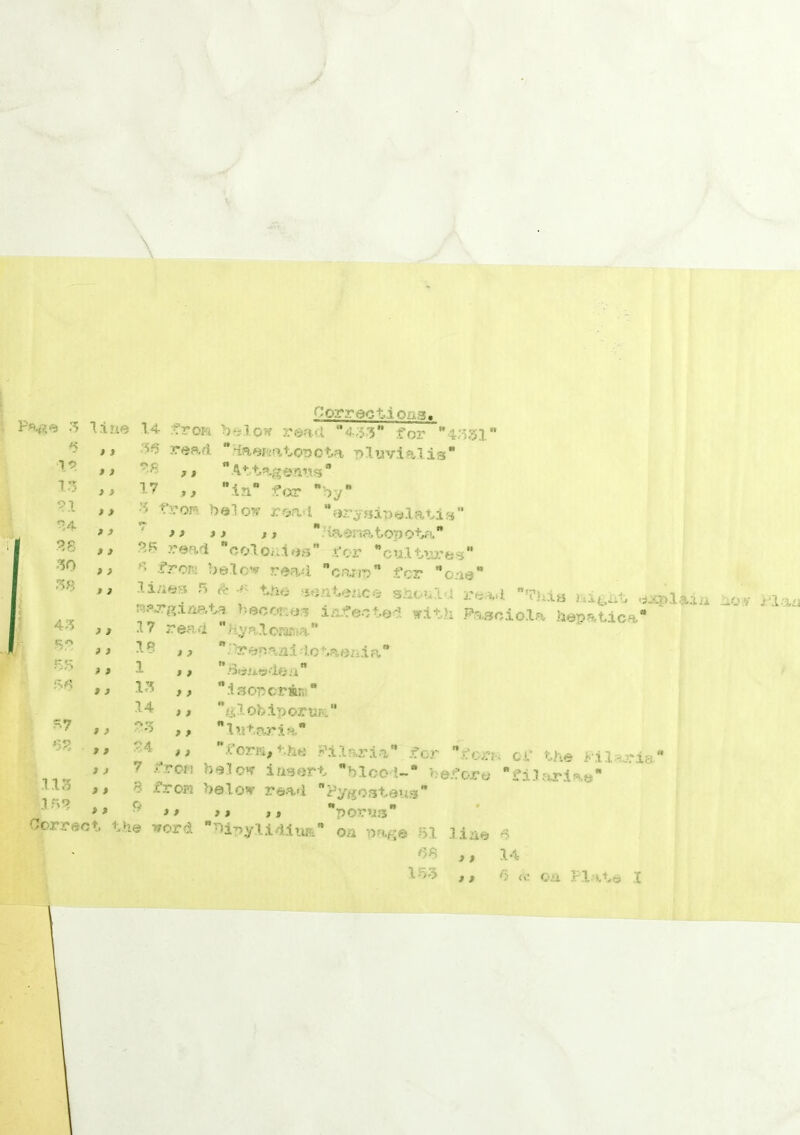 Corrections. Page 3 line 14 .from below read *4;5.*5 for ^;->3l' read  Haem top ota pluvial is ''h] Aftag onus 17 ,, In for by j f;vor' below rea l ‘erysipelatis ' > > tt tt  l&ena top of a read colonies for cultures '• froi belc* read carm for one <5 If 13 71 74 38 30 38 > t > > > t i > t > t ; 11 43 53 37 .US 157 11 ) t > > > t t > 11 t j t > t t 1A;mJ 3 *** sentence should read This i i6ht . upj'ri naU beocr.e- i. fee fed with Fasciola heoatica* .17 read J • ,ya!c;ar..a le i 14 33 24 7 •'*<*crs below ids erf bloc 1-* before J ? f * f > ) ; ; > > ;  '-rectal dofaeaia .deuede a  obiporu;.. ivifaria form,fhe Pilaria for 8 from below read fy i > > # Oorreof the -,f0rd riiryU-dlii.\ Pygosfeus porus oa page 51 58 133 fori-, of the Pi Ur is fi.lrtriae .1A ae <5 14 11 8 <\: ©a Plafd j -• dan