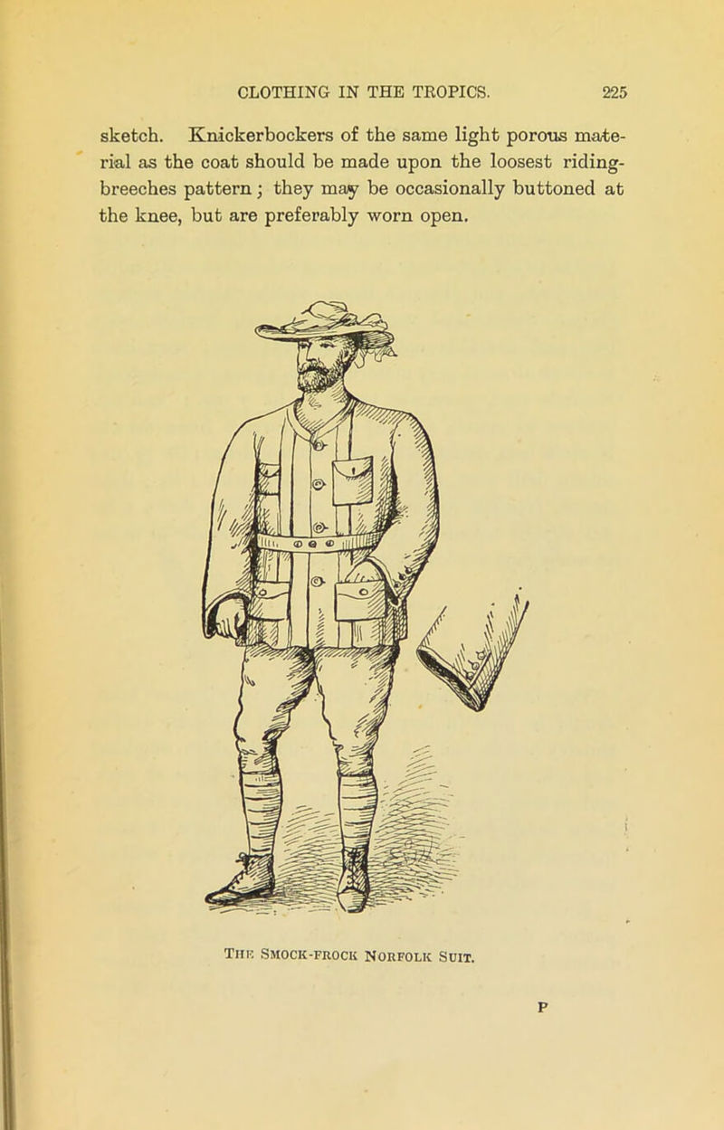 sketch. Knickerbockers of the same light porous mate- rial as the coat should be made upon the loosest riding- breeches pattern; they may be occasionally buttoned at the knee, but are preferably worn open. Tiik Smock-frock Norfolk Scit. P