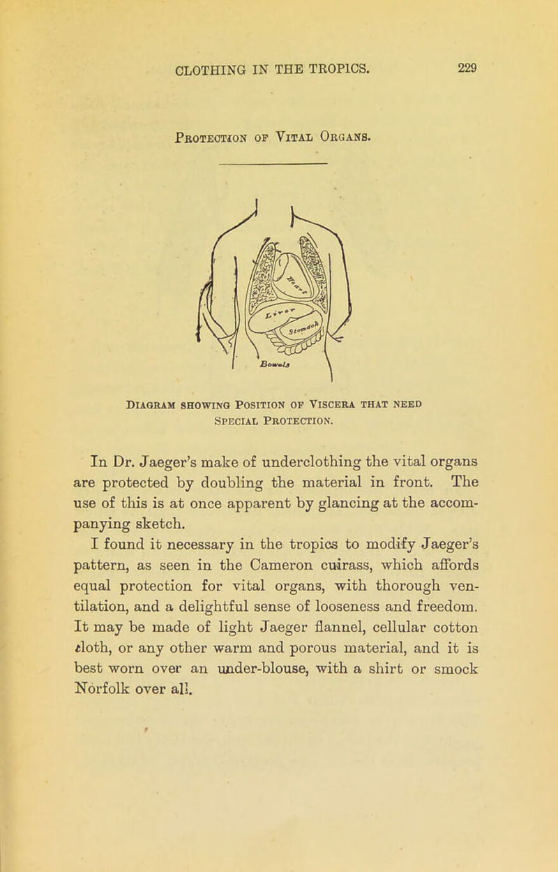 Protection of Vital Organs. Diagram showing Position of Viscera that need Special Protection. In Dr. Jaeger’s make of underclothing the vital organs are protected by doubling the material in front. The use of this is at once apparent by glancing at the accom- panying sketch. I found it necessary in the tropics to modify Jaeger’s pattern, as seen in the Cameron cuirass, which affords equal protection for vital organs, with thorough ven- tilation, and a delightful sense of looseness and freedom. It may be made of light Jaeger flannel, cellular cotton iloth, or any other warm and porous material, and it is best worn over an under-blouse, with a shirt or smock Norfolk over all.