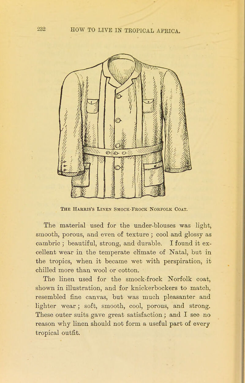 The Harris’s Linen Smock-Frock Norfolk Coat. The material used for the under-blouses was light, smooth, porous, and even of texture3 cool and glossy as cambric 3 beautiful, strong, and durable. I found it ex- cellent wear in the temperate climate of Natal, but in the tropics, when it became wet with perspiration, it chilled more than wool or cotton. The linen used for the smock-frock Norfolk coat, shown in illustration, and for knickerbockers to match, resembled fine canvas, but was much pleasanter and lighter wear 3 soft, smooth, cool, porous, and strong. These outer suits gave great satisfaction 3 and I see no reason why linen should not form a useful part of every tropical outfit.