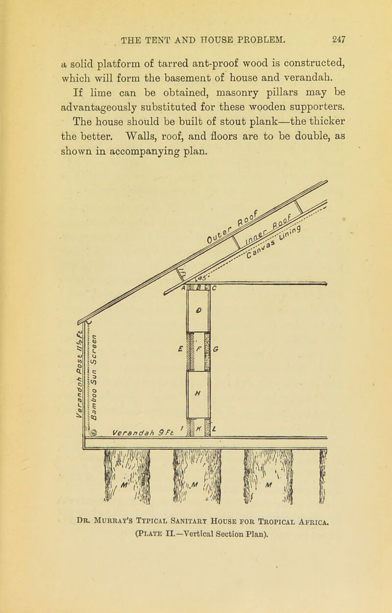 a solid platform of tarred ant-proof wood is constructed, which will form the basement of house and verandah. If lime can be obtained, masonry pillars may be advantageously substituted for these wooden supporters. The house should be built of stout plank—the thicker the better. Walls, roof, and floors are to be double, as shown in accompanying plan. Dr. Murray’s Typical Sanitary House for Tropical Africa. (Plate II.—Vertical Section Plan).