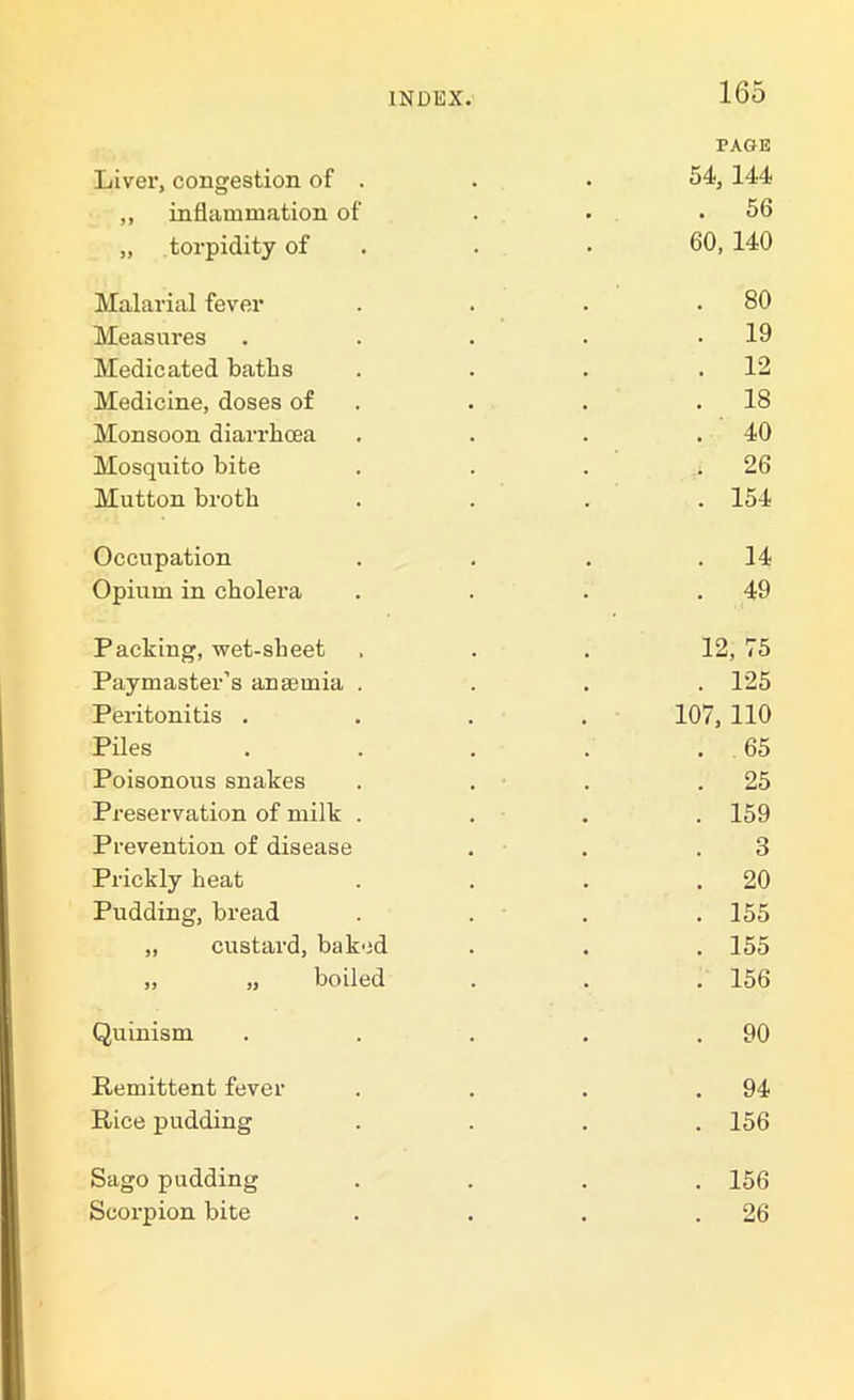 TAGE Liver, congestion of . . . 54, 144 ,, inflammation of ... 56 „ torpidity of . • 60, 140 Malarial fever . . . .80 Measures . . . . .19 Medicated batlis . . . .12 Medicine, doses of . . .18 Monsoon diarrhoea . . . .40 Mosquito bite . . . ; 26 Mutton broth .... 154 Occupation . . . .14- Opium in cholera . . . .49 Packing, wet-sheet , . . 12,75 Paymaster’s anaemia .... 125 Peritonitis .... 107, 110 Piles . . . . .65 Poisonous snakes . . . .25 Preservation of milk .... 159 Prevention of disease . . .3 Prickly heat . . . .20 Pudding, bread .... 155 „ custard, baked . . . 155 „ „ boiled . . . 156 Quinism . . . . .90 Remittent fever . . . .94 Rice pudding .... 156 Sago pudding .... 156 Scorpion bite . . . .26