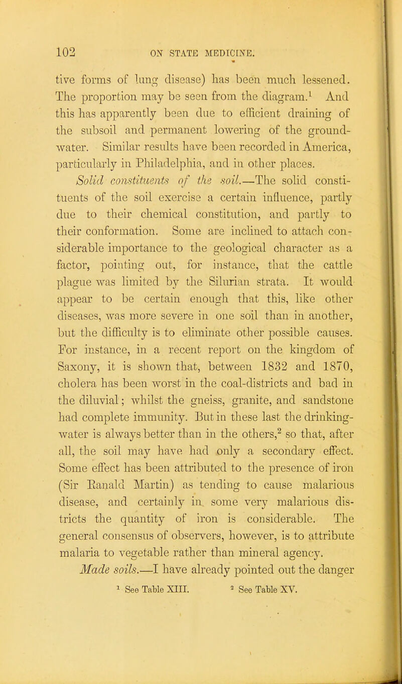 tive forms of lung disease) has been much lessened. The proportion may be seen from the diagram.^ And this has apparently been due to efficient draining of the subsoil and permanent lowering of the ground- water. Similar results have been recorded in America, particularly in Philadelphia, and in other places. Solid constituents of the soil.—The solid consti- tuents of the soil exercise a certain influence, partly due to their chemical constitution, and partly to their conformation. Some are inclined to attach con- siderable importance to the geological character as a factor, pointing out, for instance, that the cattle plague was limited by the Silurian strata. It would appear to be certain enough that this, like other diseases, was more severe in one soil than in another, but the difficulty is to eliminate other possible causes. For instance, in a recent report on the kingdom of Saxony, it is shown that, between 1832 and 1870, cholera has been worst in the coal-districts and bad in the diluvial; whilst the gneiss, granite, and sandstone had complete immunity. But in these last the drinking- water is always better than in the others,^ so that, after all, the soil may have had only a secondary effect. Some effect has been attributed to the presence of iron (Sir Eanald Martin) as tending to cause malarious disease, and certainly in some very malarious dis- tricts the quantity of iron is considerable. The general consensus of observers, however, is to attribute malaria to vegetable rather than mineral agency. Made soils.—I have already pointed out the danger