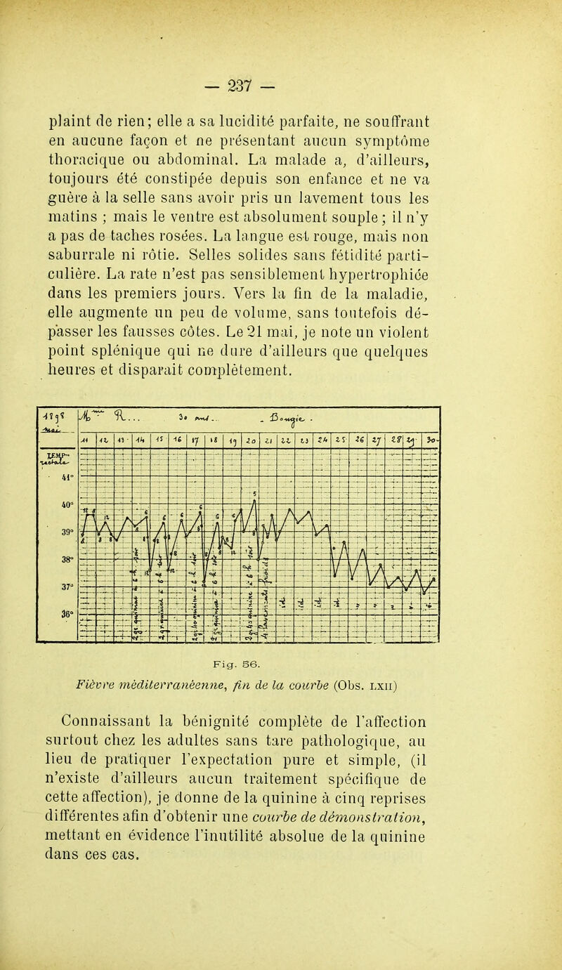 plaint cle rien; elle a sa lucidite parfaite, ne souffrant en aucune facon et ne presentant aucnn symptome thoracique ou abdominal. La malade a, d’ailleurs, toujours ete constipee depuis son enfance et ne va guere a la selle sans avoir pris un lavement tons les matins ; mais le ventre est absolument souple ; il n’y a pas de taches rosees. La langue est rouge, mais non saburrale ni rode. Selles solides sans fetidite parti- culiere. La rate n’est pas sensiblement hypertropliiee dans les premiers jours. Vers la fin de la maladie, elle augmente un peu de volume, sans toutefois de- passer les fausses cotes. Le 21 mai, je note un violent point splenique qui ne dure d’ailleurs que quelques heures et disparait completement. Fig. 56. Fidvre inediterraneenne, fin de la courbe (Obs. lxii) Connaissant la benignite complete de l’affection surtout cliez les adultes sans tare pathologique, an lieu de pratiquer l’expectation pure et simple, (il n’existe d’ailleurs aucun traitement specifique de cette affection), je donne de la quinine a cinq reprises ditferentes afin d’obtenir line courbe de demonstration, mettant en evidence l’inutilite absolue de la quinine dans ces cas.