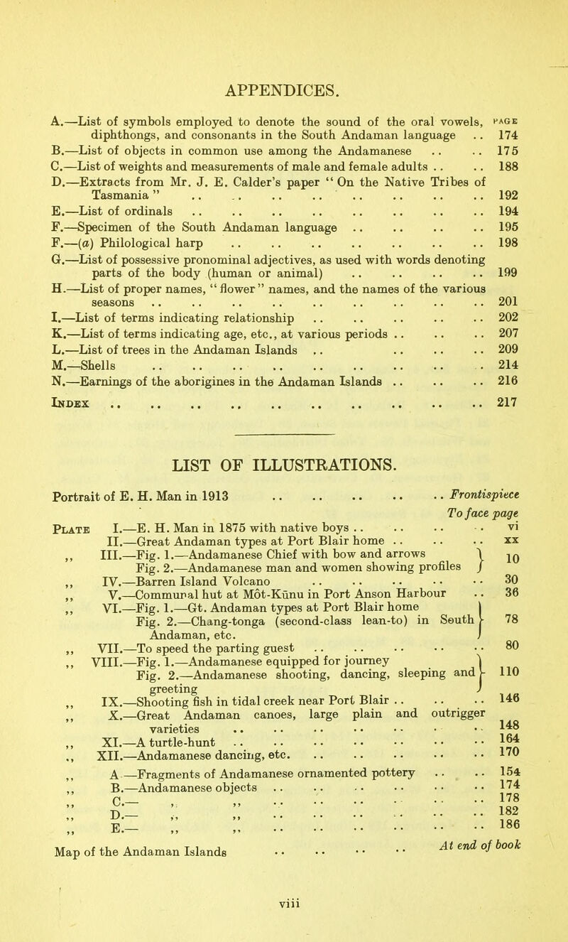 APPENDICES. A. —List of symbols employed to denote the sound of the oral vowels, rAOE diphthongs, and consonants in the South Andaman language .. 174 B. —List of objects in common use among the Andamanese .. .. 175 C. —^List of weights and measurements of male and female adults .. .. 188 D. —Extracts from Mr. J. E. Calder’s paper “ On the Native Tribes of Tasmania ” .. .. .. .... .. .. .. 192 E. —List of ordinals .. .. .. .. .. .. .. .. 194 F. —Specimen of the South Andaman language .. .. .. .. 195 F. —(a) Philological harp .. .. .. .. .. .. .. 198 G. —List of possessive pronominal adjectives, as used with words denoting parts of the body (human or animal) .. .. .. .. 199 H. —List of proper names, “ flower” names, and the names of the various seasons .. .. .. .. .. .. .. .. .. 201 I. —List of terms indicating relationship .. .. .. .. .. 202 K. —List of terms indicating age, etc., at various periods .. .. .. 207 L. —List of trees in the Andaman Islands .. .. .. .. 209 M. —Shells .214 N. —Earnings of the aborigines in the Andaman Islands .. .. .. 216 Index 217 LIST OF ILLUSTRATIONS. Portrait of E. H. Man in 1913 Frontispiece To face page vi Plate I.—E. H. Man in 1875 with native boys .. II.—Great Andaman types at Port Blair home .. ,, III.—Fig. 1.—Andamanese Chief with bow and arrows \ Fig. 2.—Andamanese man and women showing profiles / ,, IV.—Barren Island Volcano ,, V.—Communal hut at Mot-Kunu in Port Anson Harbour ,, VI.—Fig. 1.—Gt. Andaman types at Port Blair home | Fig. 2.—Chang-tonga (second-class lean-to) in Seuth j- Andaman, etc. ‘ ,, VII.—To speed the parting guest ,, VIII.—Fig. 1.—Andamanese equipped for journey Fig. 2.—Andamanese shooting, dancing, sleeping and greeting IX.—Shooting fish in tidal creek near Port Blair .. .... X.—Great Andaman canoes, large plain and outrigger varieties XI.—A turtle-hunt XII.—Andamanese dancing, etc, A—Fragments of Andamanese ornamented pottery B. —Andamanese objects C. — , D. — „ E. — „ „ 10 30 36 78 80 110 146 148 164 170 154 174 178 182 186 Map of the Andaman Islands A t end of book r