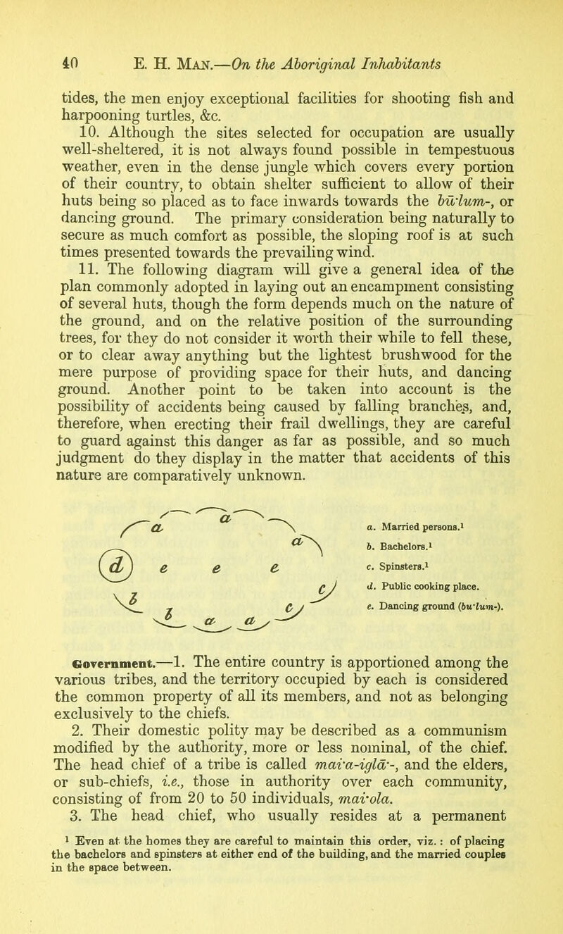 tides, the men enjoy exceptional facilities for shooting fish and harpooning turtles, &c. 10. Although the sites selected for occupation are usually well-sheltered, it is not always found possible in tempestuous weather, even in the dense jungle which covers every portion of their country, to obtain shelter sufficient to allow of their huts being so placed as to face inwards towards the buium-, or dancing ground. The primary consideration being naturally to secure as much comfort as possible, the sloping roof is at such times presented towards the prevailing wind. 11. The following diagram will give a general idea of the plan commonly adopted in laying out an encampment consisting of several huts, though the form depends much on the nature of the ground, and on the relative position of the surrounding trees, for they do not consider it worth their while to fell these, or to clear away anything but the lightest brushwood for the mere purpose of providing space for their huts, and dancing ground. Another point to be taken into account is the possibility of accidents being caused by falling branches, and, therefore, when erecting their frad dwellings, they are careful to guard against this danger as far as possible, and so much judgment do they display in the matter that accidents of this a. Married persons.’ b. Bachelors.’ c. Spinsters.’ d. Public cooking place. e. Dancing ground (bu'lum-). coTernment.—1. The entire country is apportioned among the various tribes, and the territory occupied by each is considered the common property of all its members, and not as belonging exclusively to the chiefs. 2. Their domestic polity may be described as a communism modified by the authority, more or less nominal, of the chief. The head chief of a tribe is called mava-igld'-, and the elders, or sub-chiefs, i.e., those in authority over each community, consisting of from 20 to 50 individuals, mai'ola. 3. The head chief, who usually resides at a permanent 1 Even at the homes they are careful to maintain this order, viz.: of placing the bachelors and spinsters at either end of the building, and the married couples in the space between. nature are comparatively unknown.
