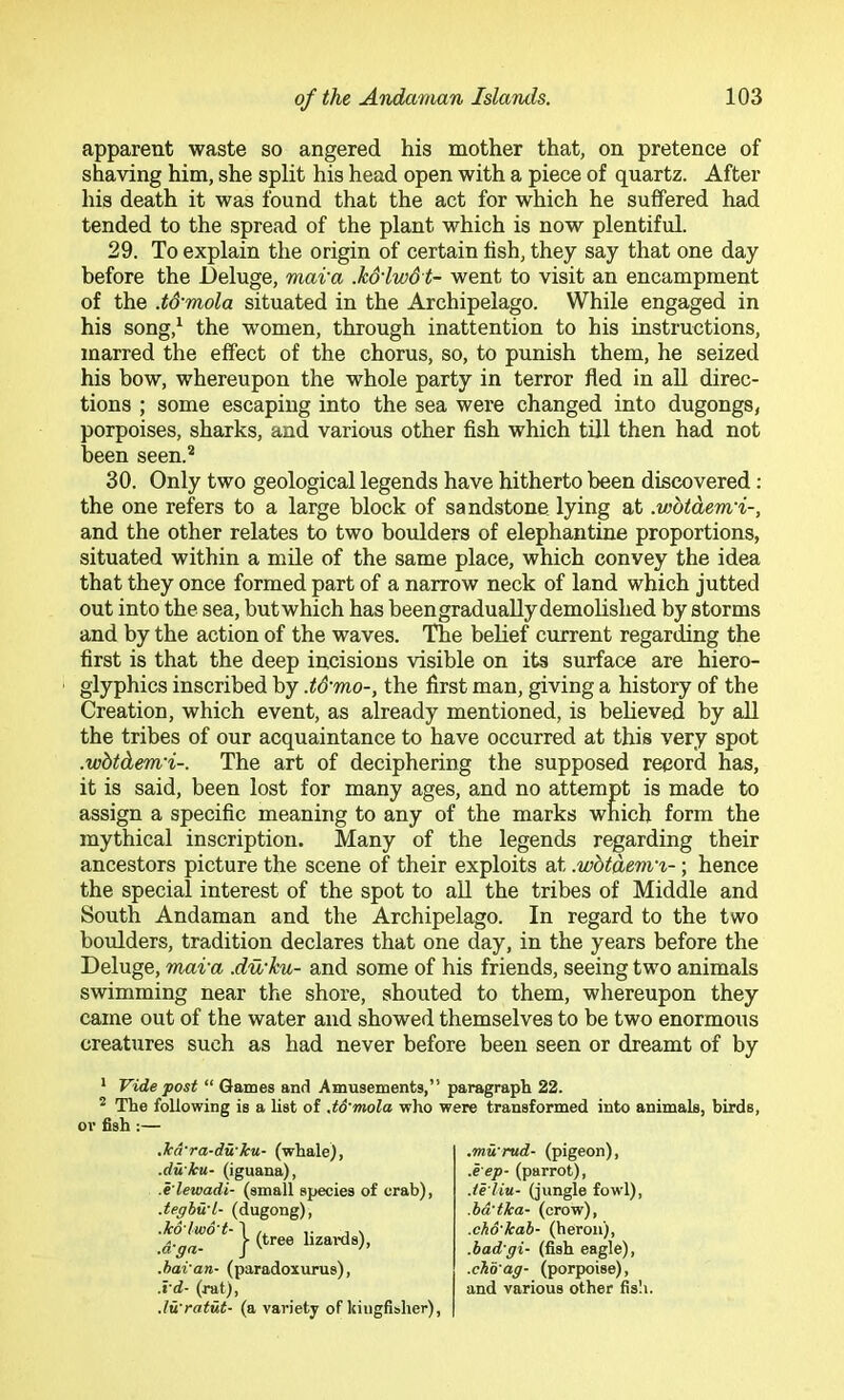 apparent waste so angered his mother that, on pretence of shaving him, she split his head open with a piece of quartz. After his death it was found that the act for which he suffered had tended to the spread of the plant which is now plentiful. 29. To explain the origin of certain fish, they say that one day before the Deluge, mai'a .k&lwd t- went to visit an encampment of the .t&mola situated in the Archipelago. While engaged in his song,^ the women, through inattention to his instructions, marred the effect of the chorus, so, to punish them, he seized his bow, whereupon the whole party in terror fled in all direc- tions ; some escaping into the sea were changed into dugongs, porpoises, sharks, and various other fish which till then had not been seen.’^ 30. Only two geological legends have hitherto been discovered; the one refers to a large block of sandstone, lying at .wbtdem'i-, and the other relates to two boulders of elephantine proportions, situated within a mile of the same place, which convey the idea that they once formed part of a narrow neck of land which jutted out into the sea, but which has been gradually demolished by storms and by the action of the waves. The belief current regarding the first is that the deep incisions visible on its surface are hiero- glyphics inscribed by .td'mo-, the first man, giving a history of the Creation, which event, as already mentioned, is believed by all the tribes of our acquaintance to have occurred at this very spot .wbtdem'i-. The art of deciphering the supposed record has, it is said, been lost for many ages, and no attempt is made to assign a specific meaning to any of the marks which form the mythical inscription. Many of the legends regarding their ancestors picture the scene of their exploits at .wbtdem'%-; hence the special interest of the spot to aU the tribes of Middle and South Andaman and the Archipelago. In regard to the two boulders, tradition declares that one day, in the years before the Deluge, mMva .du'ku- and some of his friends, seeing two animals swimming near the shore, shouted to them, whereupon they came out of the water and showed themselves to be two enormous creatures such as had never before been seen or dreamt of by > Vide post “ Games and Amusements,” paragraph 22. * The following is a list of .td'mola who were transformed into animals, birds, or fish :— .Jcd'ra-du'ku- (whale), .du'ku- (iguana), .e'lewadi- (small species of crab), .tegbu-l- (dugong), %'r lizai-ds), .hai'an- (paradoxurus), .i'd- (rat), .lu'ratut- (a variety of kingfisher), .mu'rud- (pigeon), .e ep- (parrot), .te liu- (jungle fowl), .bd'tka- (crow), .cho'kab- (heron), .bad'gi- (fish eagle), .cho'ag- (porpoise), and various other fisli.