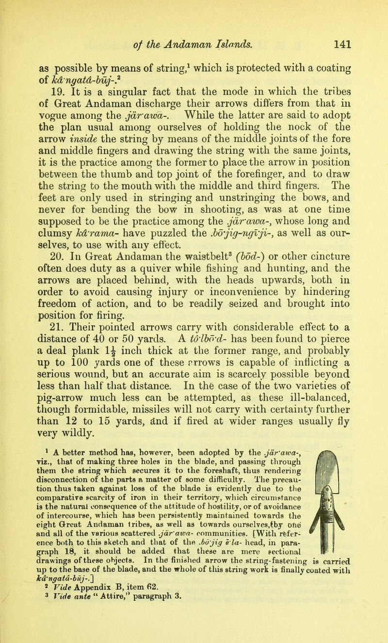 as possible by means of string,^ which is protected with a coating of kA ngatd-huj-.^ 19. It is a singular fact that the mode in which the tribes of Great Andaman discharge their arrows differs from that in vogue among the .jdrawa-. While the latter are said to adopt the plan usual among ourselves of holding the nock of the arrow inside the string by means of the middle joints of the fore and middle fingers and drawing the string with the same joints, it is the practice among the former to place the arrow in position between the thumb and top joint of the forefinger, and to draw the string to the mouth with the middle and third fingers. The feet are only used in stringing and unstringing the bows, and never for bending the bow in shooting, as was at one time supposed to be the practice among the .jdrawa-, whose long and clumsy kd'rama- have puzzled the .bdjig-7tgvji-, as well as our- selves, to use with any effect. 20. In Great Andaman the waistbelt® (hod-) or other cincture often does duty as a quiver while fishing and hunting, and the arrows are placed behind, with the heads upwards, both in order to avoid causing injury or inconvenience by hindering freedom of action, and to be readily seized and brought into position for firing. 21. Their pointed arrows carry with Considerable effect to a distance of 40 or 50 yards. A t&lhd-d- has been found to pierce a deal plank 1^ inch thick at the former range, and probably up to 100 yards one of these arrows is capable of inflicting a serious wound, but an accurate aim is scarcely possible beyond less than half that distance. In the case of the two varieties of pig-arrow much less can be attempted, as these ill-balanced, though formidable, missiles will not carry with certainty further than 12 to 15 yards, find if fired at wider ranges usually fly very wildly. * A better method has, however, been adopted by the .jdr'awa-, viz., that of making three holes in the blade, and passing through them the string which secures it to the foreshaft, thus rendering disconnection of the parts a matter of some difficulty. The precau- tion thus taken against loss of the blade is evidently due to the comparative scarcity of iron in their territoi'y, which circumstance is the natural consequence of the attitude of hostility, or of avoidance of intercourse, which has been persistently maintained towards the eight Great Andaman tribes, as well as towards ourselves,fby one and all of the various scattered .jdr'awa- communities. fWith rfefer- ence both to this sketch and that of the .bo jig e'la- head, in para- graph 18, it should be added that these are mere sectional drawings of these objects. In the finished arrow the string-fastening is carried up to the base of the blade, and the whole of tliis string work is finally coated with Jcd'ngatd-buj-.'\ ® Vide Appendix B, item fi2. * Vide ante “ Attire,” paragraph 3.