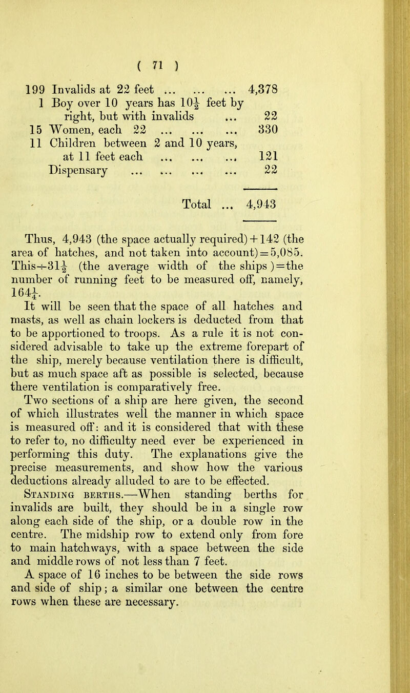 199 Invalids at 22 feet 4,378 1 Boy over 10 years has 10^ feet by right, but with invalids ... 22 15 Women, each 22 330 11 Children between 2 and 10 years, at 11 feet each 121 Dispensary 22 Total ... 4,943 Thus, 4,943 (the space actually required)+ 142 (the area of hatches, and not taken into account) = 5,085. This-^31-| (the average width of the ships )= the number of running feet to be measured off, namely, 1641 It will be seen that the space of all hatches and masts, as well as chain lockers is deducted from that to be apportioned to troops. As a rule it is not con- sidered advisable to take up the extreme forepart of the ship, merely because ventilation there is difficult, but as much space aft as possible is selected, because there ventilation is comparatively free. Two sections of a ship are here given, the second of which illustrates well the manner in which space is measured off: and it is considered that with these to refer to, no difficulty need ever be experienced in performing this duty. The explanations give the precise measurements, and show how the various deductions already alluded to are to he effected. Standing berths.—When standing berths for invalids are built, they should he in a single row along each side of the ship, or a double row in the centre. The midship row to extend only from fore to main hatchways, with a space between the side and middle rows of not less than 7 feet. A space of 16 inches to be between the side rows and side of ship; a similar one between the centre rows when these are necessary.