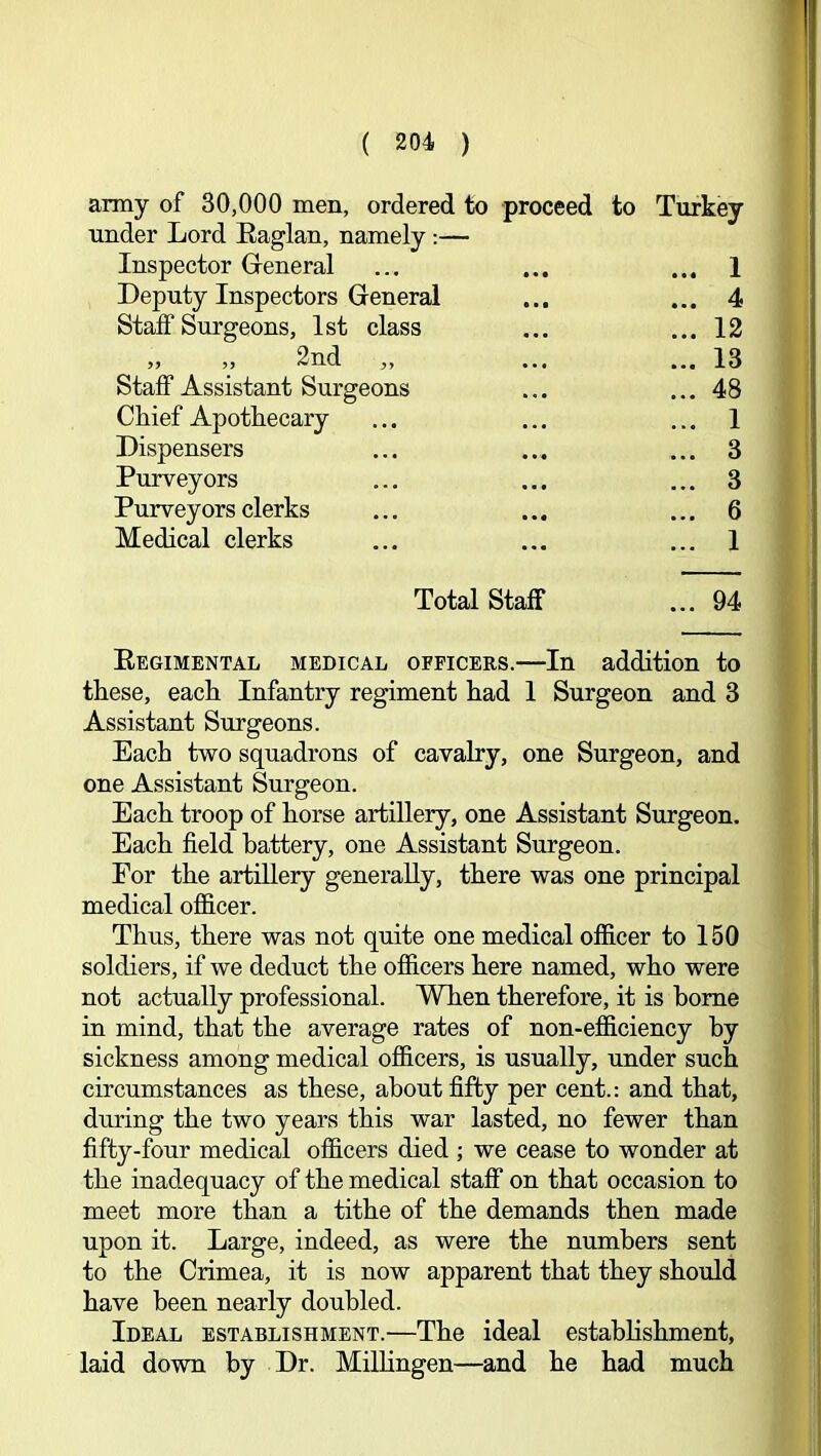 army of 30,000 men, ordered to proceed to Turkey under Lord Eaglan, namely:— Inspector Greneral ... ... ... 1 Deputy Inspectors General ... ... 4 Stall Surgeons, 1st class ... ... 12 >) 5> 2nd ,, ... ... 13 Staff Assistant Surgeons ... ... 48 Chief Apothecary ... ... ... 1 Dispensers ... ... ... 3 Purveyors ... ... ... 3 Purveyors clerks ... ... ... 6 Medical clerks ... ... ... 1 Total Staff ... 94 Eegimental medical officers.—In addition to these, each Infantry regiment had 1 Surgeon and 3 Assistant Surgeons. Each two squadrons of cavalry, one Surgeon, and one Assistant Surgeon. Each troop of horse artillery, one Assistant Surgeon. Each field battery, one Assistant Surgeon. For the artillery generally, there was one principal medical officer. Thus, there was not quite one medical officer to 150 soldiers, if we deduct the officers here named, who were not actually professional. When therefore, it is home in mind, that the average rates of non-efficiency by sickness among medical officers, is usually, under such circumstances as these, about fifty per cent.: and that, during the two years this war lasted, no fewer than fifty-four medical officers died ; we cease to wonder at the inadequacy of the medical staff on that occasion to meet more than a tithe of the demands then made upon it. Large, indeed, as were the numbers sent to the Crimea, it is now apparent that they should have been nearly doubled. Ideal establishment.—The ideal estabhshment, laid down by Dr. MilHngen—and he had much