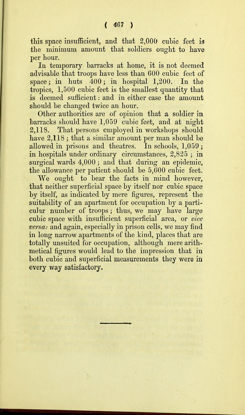 this space insufficientj and that 2,000 cubic feet is the minimum amount that soldiers ought to have per hour. In temporary barracks at home, it is not deemed advisable that troops have less than 600 cubic feet of space; in huts 400; in hospital 1,200. In the tropics, 1,500 cubic feet is the smallest quantity that is deemed sufficient: and in either case the amount should be changed twice an hour. Other authorities are of opinion that a soldier in barracks should have 1,059 cubic feet, and at night 2,118. That persons employed in workshops should have 2,118 ; that a similar amount per man should be allowed in prisons and theatres. In schools, 1,059 ; in hospitals under ordinary circumstances, 2,825 ; in surgical wards 4,000 ; and that during an epidemic, the allowance per patient should be 5,600 cubic feet. We ought to bear the facts in mind however, that neither superficial space by itself nor cubic space by itself, as indicated by mere figures, represent the suitability of an apartment for occupation by a parti- cular number of troops; thus, we may have large cubic space with insufficient superficial area, or vice versa: and again, especially in prison cells, we may find in long narrow apartments of the kind, places that are totally unsuited for occupation, although mere arith- metical figures would lead to the impression that in both cubic and superficial measurements they were in every way satisfactory.