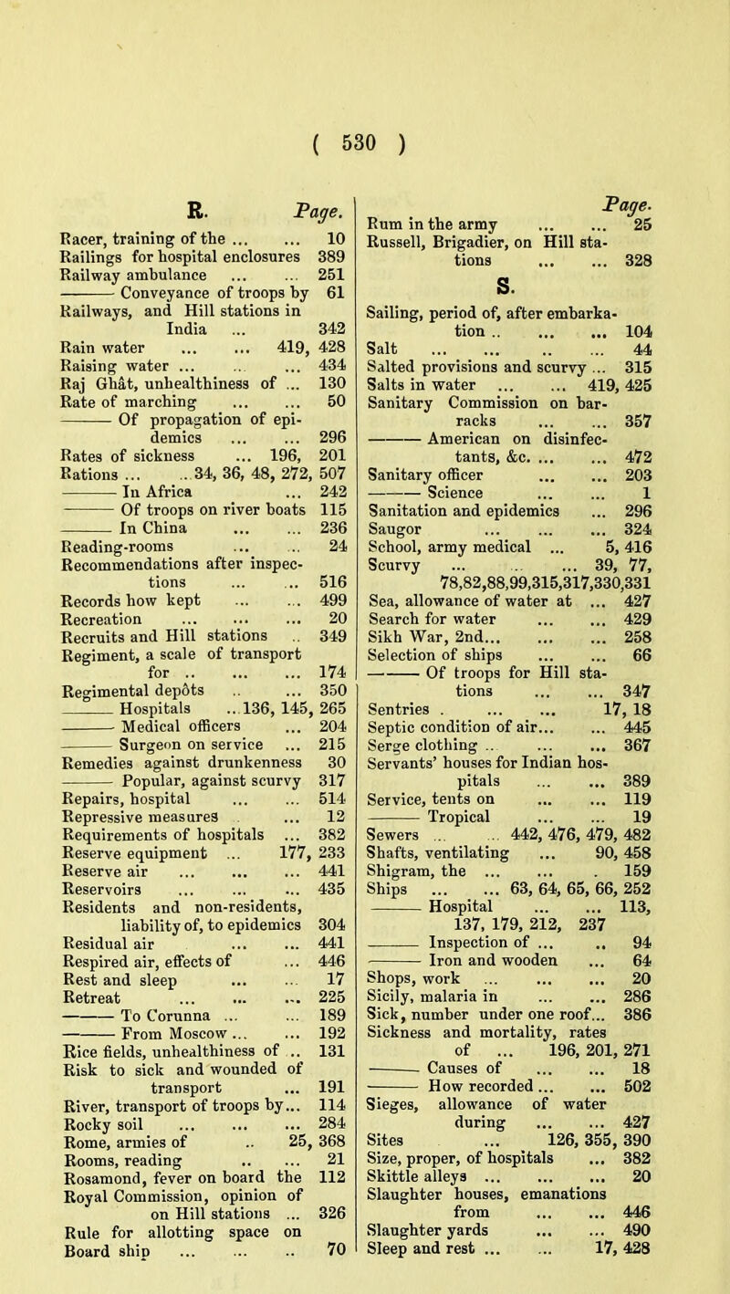 R. Page. Racer, training of the 10 Railings for hospital enclosures 389 Railway ambulance ... ... 251 Conveyance of troops by 61 Railways, and Hill stations in India ... 342 Rain water 419, 428 Raising water ... .. ... 434 Raj Ghat, unhealthiness of ... 130 Rate of marching ... ... 50 Of propagation of epi- demics 296 Rates of sickness ... 196, 201 Rations ... . 34, 36, 48, 272, 507 In Africa ... 242 Of troops on river boats 115 In China ... ... 236 Reading-rooms ... ... 24 Recommendations after inspec- tions ... ... 516 Records how kept 499 Recreation ... ... ... 20 Recruits and Hill stations 349 Regiment, a scale of transport for .. ... ... 174 Regimental dep6ts ... 350 Hospitals ...136, 145, 265 Medical officers ... 204 Surgeon on service ... 215 Remedies against drunkenness 30 Popular, against scurvy 317 Repairs, hospital ... ... 514 Repressive measures ... 12 Requirements of hospitals ... 382 Reserve equipment ... 177, 233 Reserve air ... ... ... 441 Reservoirs ... ... ... 435 Residents and non-residents, liability of, to epidemics 304 Residual air ... ... 441 Respired air, effects of ... 446 Rest and sleep ... ... 17 Retreat ... ... 225 To Corunna ... ... 189 From Moscow 192 Rice fields, unhealthiness of .. 131 Risk to sick and wounded of transport ... 191 River, transport of troops by... 114 Rocky soil ... ... ... 284 Rome, armies of .. 25, 368 Rooms, reading 21 Rosamond, fever on board the 112 Royal Commission, opinion of on Hill stations ... 326 Rule for allotting space on Board ship ... ... .. 70 Page. Rum in the army 25 Russell, Brigadier, on Hill sta- tions 328 s. Sailing, period of, after embarka- tion .. ... ... 104 Salt ... ... .. ... 44 Salted provisions and scurvy ... 315 Salts in water ... ... 419,425 Sanitary Commission on bar- racks ... ... 357 American on disinfec- tants, &c 472 Sanitary officer 203 Science 1 Sanitation and epidemics ... 296 Saugor ... ... ... 324 School, army medical ... 5, 416 Scurvy 39, 77, 78,82,88,99,315,317,330,331 Sea, allowance of water at ... 427 Search for water ... ... 429 Sikh War, 2nd... ... ... 258 Selection of ships 66 — Of troops for Hill sta- tions ... ... 347 Sentries . 17, 18 Septic condition of air... ... 445 Serge clothing .. ... ... 367 Servants’ houses for Indian hos- pitals ... ... 389 Service, tents on ... ... 119 Tropical 19 Sewers ... ... 442, 476, 479, 482 Shafts, ventilating ... 90, 458 Shigram, the ... ... . 159 Ships 63, 64, 65, 66, 252 Hospital 113, 137, 179, 212, 237 Inspection of ... 94 Iron and wooden 64 Shops, work 20 Sicily, malaria in 286 Sick, number under one roof... 386 Sickness and mortality, rates of ... 196, 201,271 Causes of 18 How recorded 502 Sieges, allowance of water during 427 Sites ... 126,355, 390 Size, proper, of hospitals ... 382 Skittle alleys 20 Slaughter houses, emanations from ... ... 446 Slaughter yards ... ... 490 Sleep and rest 17, 428