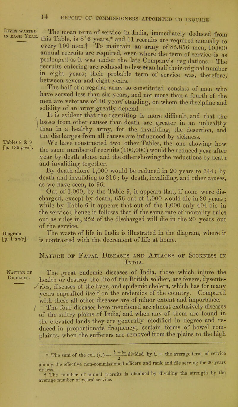 TO INQUIRE n” *oV” India, immediately deduced from this liible, IS 8 6 years,* and 11 recruits are required annually to every 100 men-f To maintain an army of 85,856 men, 10,000 annual recruits are required, even where the term of service is as prolonged as it was under the late Company’s regulations. The recruits entering are reduced to less than half their original number in eight years; their probable term of service was, therefore, between seven and eight years. The half of a regular army so constituted consists of men who have served less than six years, and not more than a fourth of the men are veterans of 10 years’ standing, on whom the discipline and solidity of an army greatly depend It is evident that the recruiting is more diflScult, and that the I losses from other causes than death are greater in an unhealthy I than in a healthy army, for the invaliding, the desertion, and the discharges from all causes are influenced by sickness. We have constructed two other Tables, the one showing how the same number of recruits (100,000) would be reduced year after year by death alone, and the other showing the reductions by death and invaliding together. By death alone 1,000 would be reduced in 20 years to 344; by death and invaliding to 216 ; by death, invaliding, and other causes, as we have seen, to 96. Out of 1,000, by the Table 9, it appears that, if none were dis- charged, except by death, 656 out of 1,000 would die in 20 years ; while by Table 6 it appears that out of the 1,000 only 404 die in the service; hence it follows that if the same rate of mortality rules out as rules in, 252 of the discharged will die in the 20 years out of the service. Diagram The waste of life in India is illustrated in the diagram, where it [p. 1 ante']. jg contrasted with the decrement of life at home. Tables 8 & 9 £p. 135 pos<]. Nature of Fatal Diseases and Attacks of Sickness in India. The great endemic diseases of India, those which injure the health or destroy the life of the British soldier, are fevers, dysente- y ries, diseases of the liver, and epidemic cholera, which has for many years engrafted itself on the endemics of the country. Compared with these all other diseases are of minor extent and importance. / The four diseases here mentioned are almost exclusively diseases of the sultry plains of India, and when any of them are found in the elevated lands they are generally modified in degree and re- duced in proportionate frequency, certain forms of bowel com- plaints, when the sufferers are removed from the plains to the high Nature oe Diseases. * The sum of the col. (JJ)— divided by = the average tern of service among the effective non-commissioned officers and rank and file serving for 20 years or less* t The number of annual recruits is obtained by dividing the strength by the average number of years’ service.