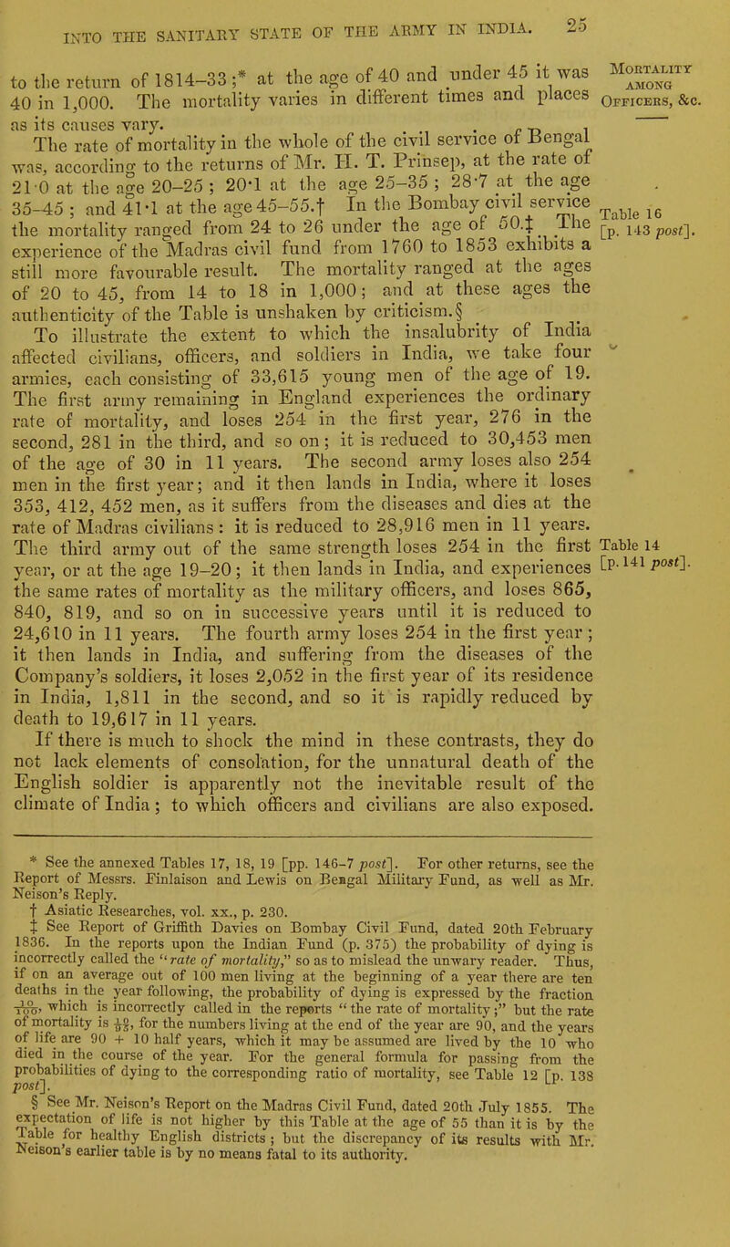 to tbe return of 1814-33 ;* * * § at the age of 40 and under 45 it was 40 in 1,000. The mortality varies in different times and places as its causes vary. , ^ , The rate of mortality in the whole of the civil service of Jiengai was, according to the returns of Mr. H. T. Prinsep, at the rate of 210 at the ao-e 20-25 ; 20T at the age 25-35 ; 28-7 at the age 35-45 ; and 41 *1 at the age 45-55.f In the Bombay civil service the mortality ranged from 24 to 26 under the age of oO.j: The expericncG of the Madras civil fund froii*! 1760 to 1853 exhibits a still more favourable result. The mortality ranged at the ages of 20 to 45, from 14 to 18 in 1,000; and at these ages the authenticity of the Table is unshaken by criticism.§ To illustrate the extent to which the insalubrity of India affected civilians, officers, and soldiers in India, we take four armies, each consisting of 33,615 young men of the age of 19. The first army remaining in England experiences the ordinary rate of mortality, and loses 254 in the first year, 276 in the second, 281 in the third, and so on; it is reduced to 30,453 men of the age of 30 in 11 years. The second army loses also 254 men in the first year; and it then lands in India, where it loses 353, 412, 452 men, as it suffers from the diseases and dies at the rate of Madras civilians : it is reduced to 28,916 men in 11 years. The third army out of the same strength loses 254 in the first year, or at the age 19—20; it then lands in India, and experiences the same rates of mortality as the military officers, and loses 865, 840, 819, and so on in successive years until it is reduced to 24,610 in 11 years. The fourth army loses 254 in the first year ; it then lands in India, and suffering from the diseases of the Company’s soldiers, it loses 2,052 in the first year of its residence in India, 1,811 in the second, and so it is rapidly reduced by death to 19,617 in 11 years. If there is m.uch to shock the mind in these contrasts, they do not lack elements of consolation, for the unnatural death of the English soldier is apparently not the inevitable result of the climate of India; to which officers and civilians are also exposed. * See the annexed Tables 17, 18, 19 [pp. 146-7 post]. For other returns, see the Report of Messrs. Finlaison and Lewis on Bengal Militaiy Fund, as well as Mr. Neison’s Reply. t Asiatic Researches, vol. xx., p. 230. j See Report of Griffith Davies on Bombay Civil Fund, dated 20th February 1836. In the reports iipon the Indian Fund (p. 375) the probability of dying is incorrectly called the “ rate of mortality f so as to mislead the unwary reader. Thus, if on an average out of 100 men living at the beginning of a year there are ten deaths in the year following, the probability of dying is expressed by the fraction -jL^, which is incorrectly called in the reports “ the rate of mortalitybut the rate of mortality is for the numbers living at the end of the year are 90, and the years of life are 90 + 10 half years, which it may be assumed are lived by the 10 who died in the course of the year. For the general formula for passing from the probabilities of dying to the corresponding ratio of mortality, see Table 12 fp 138 post], § See Mr. Neison’s Report on the Madras Civil Fund, dated 20th July 1855. The ^pectation of life is not higher by this Table at the age of 55 than it is by the Table for healthy English districts ; but the discrepancy of its results vrith Mr. Neison s earlier table is by no means fatal to its authority. Mortality AMONG Officers, &c. Table 16 [p. 143 post]. Table 14 [p. 141 post].