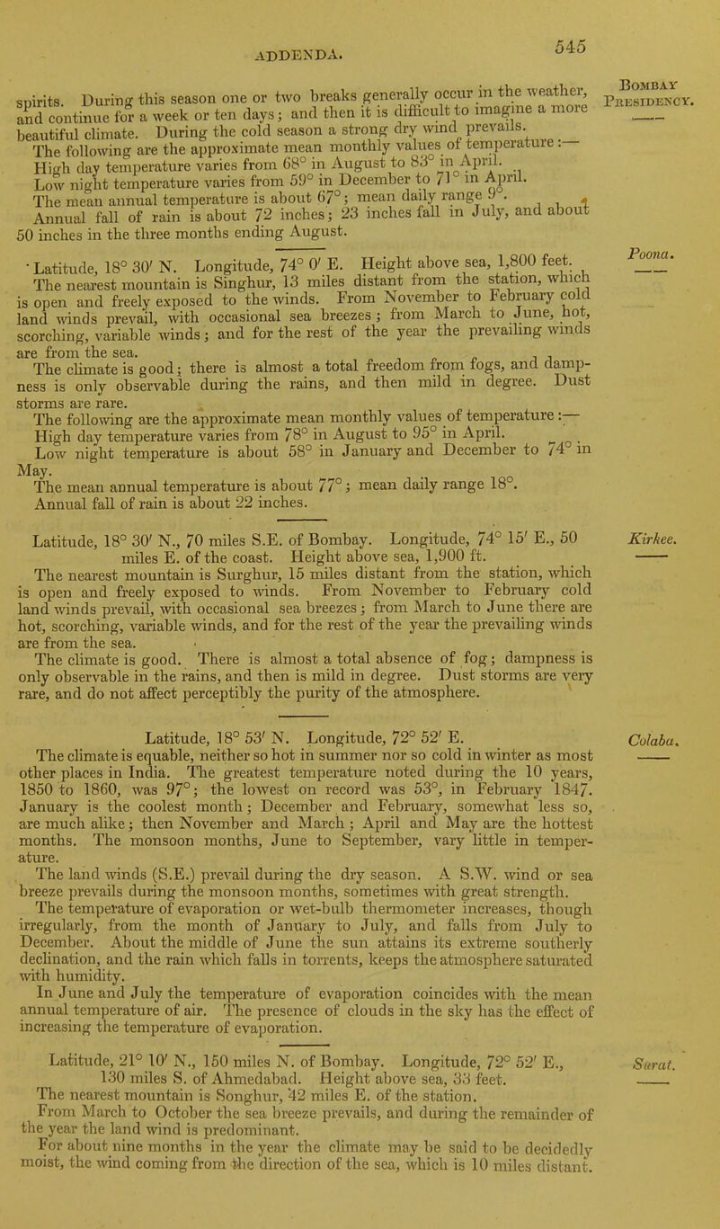 jVDDEN E-A.i spirits. Durinff this season one or two breaks generahy occur in the weather, aS continue fo? a week or ten days; and then it is difficult to unagme a more beautiful climate. During the cold season a strong dry wind prevails. The following are the appro.ximate mean monthly values of teniperatuie. High day temperature varies from 68° in August to 83 in April. Low night temperature varies from 59° in December to /I m April. The mean annual temperature is about 67°; rnean dady range 9 . , , i Annual fall of rain is about 72 inches; 23 inches fall in July, and about 50 inches in the three months ending August. • Latitude, 18° 30' N. Longitude, 74° 0' E. Height above sea, 1,800 feet. The nearest mountain is Singhur, 13 miles distant from the Ration, which is open and freely e.xposed to the winds. From November to February cold land winds prevail, with occasional sea breezes; from March to June, hot, scorching, variable winds; and for the rest of the year the prevaihng winds are from the sea. j j The chmate is good; there is almost a total freedom froin fogs, and damp- ness is only observable during the rains, and then mild in degree. Dust storms are rare. The following are the approximate mean monthly values of temperature High day temperature varies from 78° in August to 95° in April. ^ _ Low night teinperature is about 58° in January and December to /4 in May. The mean annual temperature is about 77° j mean daily range 18 . Annual fall of rain is about 22 inches. Latitude, 18° 30' N., 70 miles S.E. of Bombay. Longitude, 74° 15' E., 50 miles E. of the coast. Height above sea, 1,900 ft. The nearest mountain is Surghiir, 15 miles distant from the station, which is open and freely exposed to ivinds. From November to February cold land winds prevail, with occasional sea breezes; from March to June there are hot, scorching, variable winds, and for the rest of the year the prevaihng winds are from the sea. • The climate is good. There is almost a total absence of fog; dampness is only observable in the rains, and then is mild in degree. Dust storms are very rare, and do not affect perceptibly the purity of the atmosphere. Latitude, 18° 53' N. Longitude, 72° 52' E. The climate is equable, neither so hot in summer nor so cold in winter as most other places in India. Tire greatest temperature noted during the 10 years, 1850 to 1860, was 97°; the lowest on record was 53°, in February 1847. January is the coolest month; December and February, somewhat less so, are much alike; then November and March ; Ajiril and May are the hottest months. The monsoon months, June to September, vary little in temper- ature. The land winds (S.E.) prevail during the dry season. A S.W. wind or sea breeze prevails during the monsoon months, sometimes with great strength. The temperature of evaporation or wet-bulb thermometer increases, though irregularly, from the month of January to July, and falls from July to December. About the middle of June the sun attains its extreme southerly declination, and the rain which falls in torrents, keeps the atmosphere saturated mth humidity. In June and July the temperature of evaporation coincides with the mean annual temperature of air. The presence of clouds in the sky has the eJBfect of increasing the temperature of evaporation. Latitude, 21° 10' N., 150 miles N. of Bombay. Longitude, 72° 52' E., 130 miles S. of Ahmedabad. Height above sea, 33 feet. The nearest mountain is Songhur, '42 miles E. of the station. From March to October the sea breeze prevails, and dui’ing the remainder of the year the land wind is predominant. For about nine months in the year the climate may be said to be decidedly moist, the wind coming from ilie direction of the sea, which is 10 miles distant. Bombay Presidency. Poona. Kirkee. Colaba. Surat.
