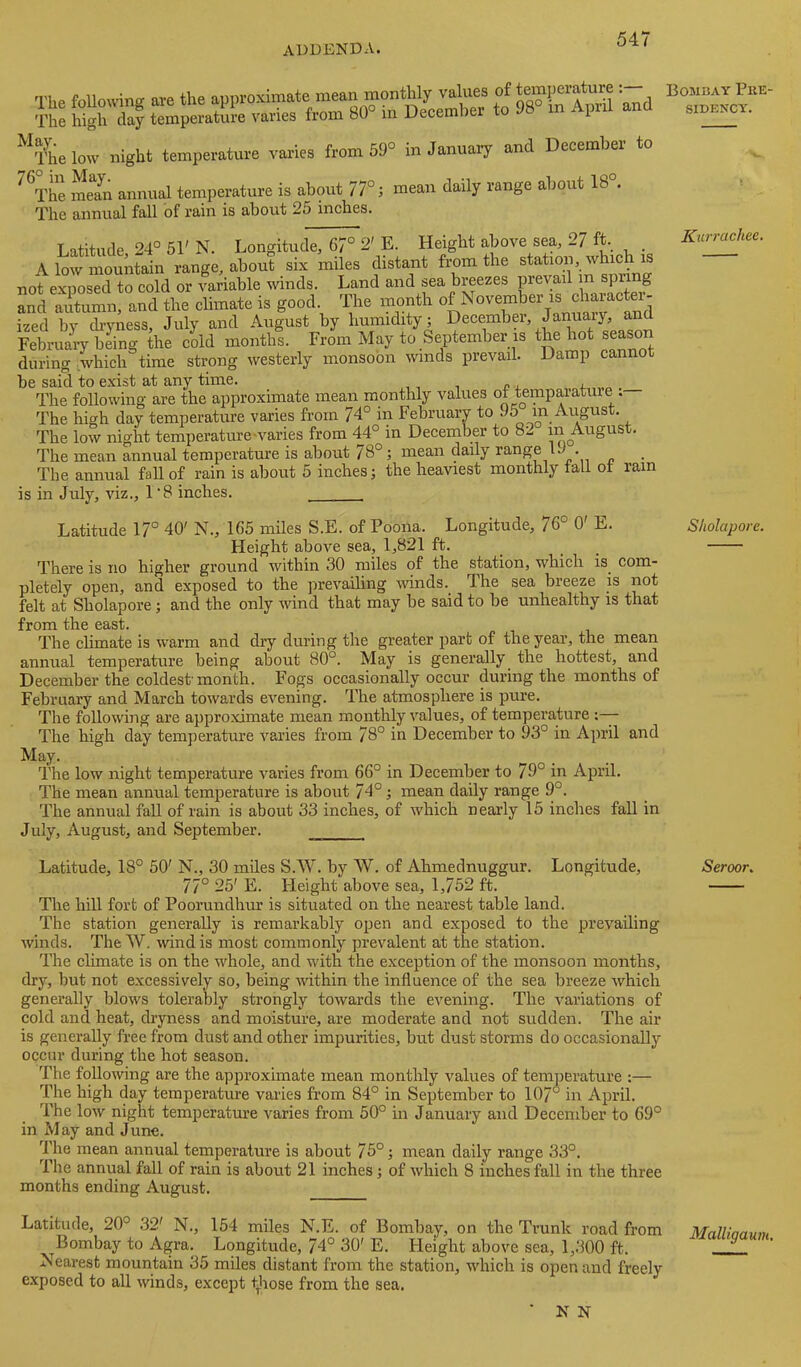 The foUmving are the approximate 1““ and The high day temperature varies from oU m December xo i ^^Thelow night temperature varies from 59° in January and December to ^Vhe mean annual teniperature is about 77°; mean daily range about 18 . The annual fall of rain is about 25 inches. Latitude 24° 51' N. Longitude, 67° 2' E. Height above sea, 27 fL _ A low mountain range, about six miles distant from the station, which is not exposed to cold or variable winds. Land and sea breezes prevail m spiing and autumn, and tlie climate is good The month ized bv dryness, July and August by humidity; Decembei, Januaiy, and February being the cold months. From May to September is the hot season during which time strong westerly monsoon winds prevail. Damp cannot be said to exist at any time. _ The following are the approximate mean monthly values ot tempaiatuie . The high day temperature varies from 74° in February to 95 in Aiigust. The low night temperature-varies from 44° in December to 82 m August. The mean annual temperature is about 78°; mean daily range IJ . The annual fall of rain is about 5 inches; the heaviest monthly fall ot ram is in July, viz., 1 ‘8 inches. Latitude 17° 40' N., 165 miles S.E. of Poona. Longitude, 76° 0' E. Height above sea, 1,821 ft. _ There is no higher ground within 30 miles of the station, which is^ com- pletely open, and exposed to the prevailing winds. The sea breeze is not felt at Sholapore; and the only wind that may be said to be unhealthy is that from the east. The chmate is warm and dry during the greater part of the year, the mean annual temperature being about 80°. May is generally^ the hottest, and December the coldest'month. Fogs occasionally occur during the months of February and March towards evening. The atmosphere is pure. The following are approximate mean monthly values, of temperature The high day temperature varies from 78° in December to 93° in April and May. The low night temperature varies from 66° in December to 79° in April. The mean annual temperature is about 74°; mean daily range 9°. The annual fall of rain is about 33 inches, of which nearly 15 inches fall in July, August, and September. Latitude, 18° 50' N., 30 miles S.AV. by W. of Ahmednuggur. Longitude, 77° 25' E. Height above sea, 1,752 ft. The hill fort of Poorundhur is situated on the nearest table land. The station generally is remarkably open and exposed to the prevailing winds. TheW, •wind is most commonly prevalent at the station. The climate is on the whole, and with the exception of the monsoon months, dry, but not excessively so, being within the influence of the sea breeze which generally blows tolerably strongly towards the evening. The variations of cold and heat, dryness and moisture, are moderate and not sudden. The air is generally free from dust and other impurities, but dust storms do occasionally occur during the hot season. The following are the approximate mean monthly values of temperature :— The high day temperature varies from 84° in September to 107° in April. 'I'he low night temperature varies from 50° in January and December to 69° in May and June. The mean annual temperature is about 75°; mean daily range 33°. The annual fall of rain is about 21 inches; of which 8 inches fall in the three months ending August. Latitude, 20° .32' N., 154 iniles N.E. of Bombay, on the Trunk road from Bombay to Agra. Longitude, 74° 30' E. Height above sea, 1,300 ft. Nearest mountain 35 miles distant from the station, which is open and freely exposed to all winds, except tliose from the sea. ■ N N BoMiiAY Pre- sidency. Kurrachee. Sholapore. Seroor. Malligaum,
