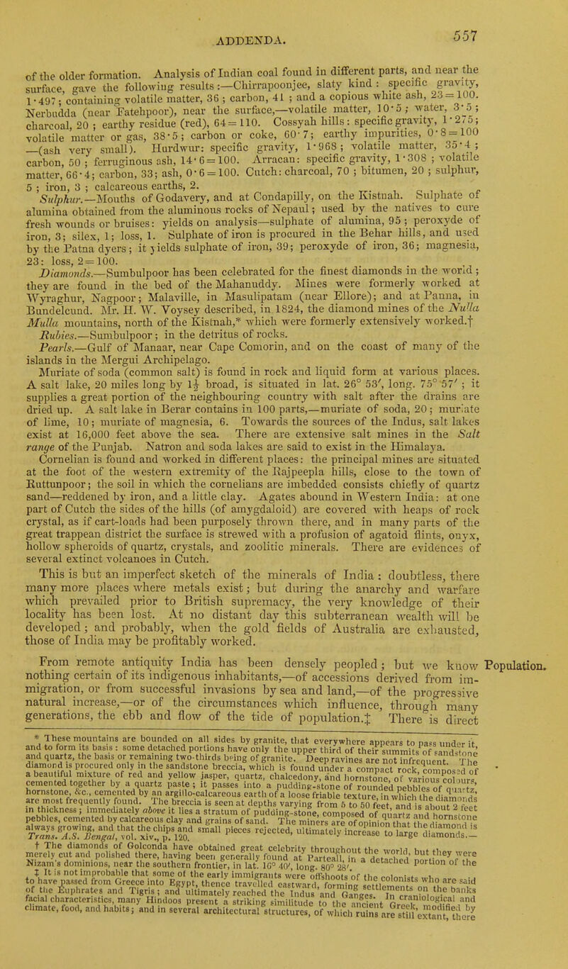 of tlie older formation. Analysis of Indian coal found in different parts, Md near the surfiice, gave the folloAviug results:—Chirrapoonjee, slaty kind : specific gravity, 1-497; containing volatile matter, 36 ; carbon, 41 ; and a copious white ash, 23=100. Nerbudda (near Eatelipoor), near the surface,—volatile matter, _10-o,- water, 3-5; charcoal, 20 ; earthy residue (red), 64= 110. Cossyah hills: specificgravit}', 1-2/5; volatile matter or ga.s, 38-5; carbon or coke, 60-7; eai-thy impurities, 0-8 = 100 —(ash very small). Hurdwur: specific gravity, 1-968 ; volatile matter, 3o-4 ; carbon, 50 ; ferruginous ash, 14- 6= 100. Arracan: specific gravity, 1 -308 ; volatile matter, 66-4; carbon, 33; ash, 0-6 = 100. Cutch: charcoal, 70 ; bitumen, 20 ; sulphur, 5 ; iron, 3 ; calcareous earths, 2. , , o , , x Sk?pA«;-.—Mouths of Godavery, and at Condapilly, on the Kistnah. Sulphate ot alumina obtained from the aluminous rocks of Nepaul -, used by the natives to cure fresh wounds or bruises: yields on analysis—sulphate of alumina, 95 ; peroxyde of iron, 3; silex, 1; loss, 1. Sulphate of iron is procured in the Behar hills, and used by the Patna dyers; it yields sulphate of iron, 39; peroxyde of iron, 36; magnesia, 23: loss, 2=100. jD/amcmrfs.—Sumbulpoor has been celebrated for the finest diamonds in the wond ; they are found in the bed of the Mahanuddy. Mines were formerly worked at Wyraghur, Nagpoor; Malaville, in Masulipatam (near Ellore); and at Panna, in Bundelcund. Mr. H. W. Voysey described, in 1824, the diamond mines of the NuUa Mulla mountains, north of the Kistnah,* which were formerly extensively worked.| Rubies.—Sumbulpoor; in the detritus of rocks. Pearls.—Gulf of Manaar, near Cape Comorin, and on the coast of many of the islands in the Mergui Archipelago. Muriate of soda (common salt) is found in rock and liquid form at various places. A salt lake, 20 miles long by 1^ broad, is situated in lat. 26° 53', long. 75°'57' ; it supplies a great portion of the neighbouring country with salt after the drains are dried up. A salt lake in Berar contains in 100 parts,—muriate of soda, 20; muriate of lime, 10; muriate of magnesia, 6. Towards the sources of the Indus, salt lakes exist at 16,000 feet above the sea. There are extensive salt mines in the Salt range of the Punjab. Natron and soda lakes are said to exist in the Himalaya. Cornelian is found and worked in different places: the principal mines are situated at the foot of the western extremity of the Kajpeepla hills, close to the town of Ruttunpoor; the soil in which the cornelians are imbedded consists chiefly of quartz sand—reddened by iron, and a little clay. Agates abound in Western India: at one part of Cutch the sides of the hills (of amygdaloid) are covered with heaps of rock crystal, as if cart-loads had been purposely thrown there, and in many parts of the great trappean district the surface is strewed with a profusion of agatoid flints, onyx, hollow spheroids of quartz, crystals, and zoolitic minerals. There are evidences of several extinct volcanoes in Cutch. This is but an imperfect sketch of the minerals of India : doubtless, there many more places where metals exist; but during the anarchy and rvarfare which prevailed prior to British supremacy, the very knowdedge of their locality has been lost. At no distant day this subterranean wealth will be developed; and probably, when the gold fields of Australia are exhausted, those of India may be profitably worked. From remote antiquity India has been densely peopled; but we kuov/ Population, nothing certain of its indigenous inhabitants,—of accessions derived from im- migration, or fi'om successful invasions by sea and land,—of the progressive natural increase,—or of the circumstances which influence, through many generations, the ebb and flow of the tide of population.^ There is direct • pese mountains are bounded on a sides by granite, tliat everywhere appears to pass under it and to form Its basis : some detached portions have only the upper third of their summits of sa Sne and quartz, the basis or remaining two-thirds bi-ing of granite. Deep ravines are not infrequent Tim diamond IS procured only in the sandstone breccia, which is found under a compact rock, comoos4 of i chalcedony, and hornstone, of varfou™ colours cemented together by a quartz paste; it passes into a pudding-stone of rounded pebbles of ouT-tz’ hornstone, &c., cemented by an argillo-calcareous earth of a loose friable texture in wSi i Hp a. are rnost frequently found. The breccia is seen at depths varying from .fto 50 feet in thickness; iminediately above it lies a stratum of pudding-stone, composed of quarU and hor^^^ pebbles, cemented by calcareous clay and grains of sand. The miners are of opinion thaf tho i • rejected. Ultimately incri’ase t^lr^ dilrnds!- t The diamonds of Golconda have obtained great celebrity throughout the wnrl/i merely cut and polished there, having been generally found at ParteaUJn a detached portion of7h» Nizam s dominions, near the southern frontier, in lat. 10° 40', long. 80° 28' “ciacned portion of the I It is not improbable that some of the early immigrants were offshoots of the cnlrmutc ,,-v, to have passed from Greece into Egypt, thence travcdled eastwU? 7m ng clim», r.o„, hil.., ’.nd i„