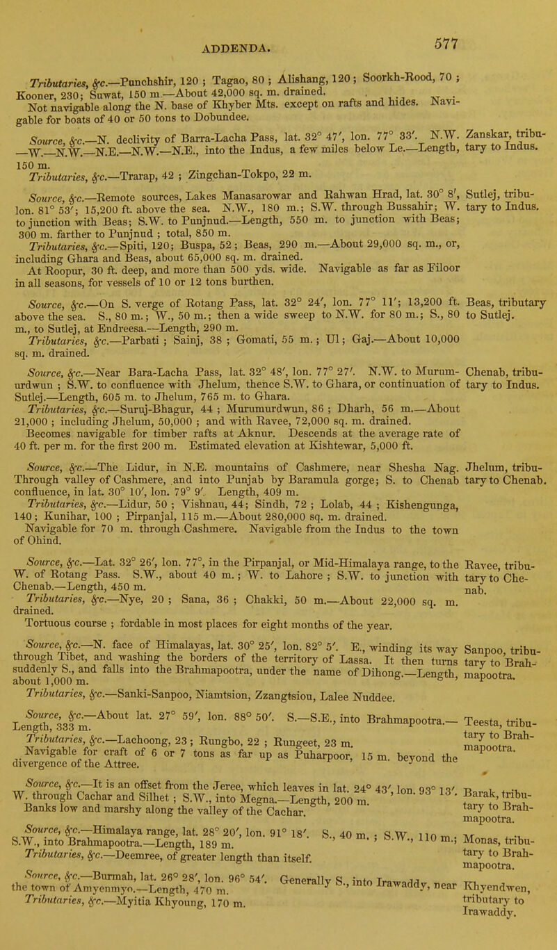 Tributaries, §-c.—Punchshir, 120 ; Tagao, 80 ; Alishang, 120 ; Soorkh-Rood, 70 ; Kooner, 230; Suwat, 150 m.—About 42,000 sq. m. drained. , Not navigable along the N. base of Khyber Mts. except on rafts and hides. Navi- gable for boats of 40 or 50 tons to Dobundee. Source kc.—N. declivity of Barra-Lacha Pass, lat. 32° 47', Ion. 77° 33'. N.W. Zanskar, tribu- W.—N.W. N.E. N.W.—N.E., into the Indus, a few miles below Le—Length, taiy to Indus. 150 m. Tributaries, §-c.—Trarap, 42 ; Zingchan-Tokpo, 22 m. Source kc.—Remote sources. Lakes Manasarowar and Rahwan Hrad, lat. 30° 8', Sutlej, tribu- lon. 81° 53'; 15,200 ft. above the sea. N.W., 180 m.; S.W. through Bussahir; W. tary to Indus, to junction with Beas; S.W. to Punjnud.—Length, 550 m. to junction with Beas; 300 m. farther to Punjnud ; total, 850 m. Tributaries, §-c.—Spiti, 120; Buspa, 52 ; Beas, 290 m.—About 29,000 sq. m., or, including Ghara and Beas, about 65,000 sq. m. drained. At Roopur, 30 ft. deep, and more than 500 yds. wide. Navigable as far as Eiloor in aU seasons, for vessels of 10 or 12 tons burthen. Source, §-c.—On S. verge of Eotang Pass, lat. 32° 24', Ion. 77° 11'; 13,200 ft. Beas, tributary above the sea. S., 80 m.; W., 50 m.; then a wide sweep to N.W. for 80 m.; S., 80 to Sutlej, m., to Sutlej, at Endreesa.—Length, 290 m. Tributaries, ^c.—Parbati ; Sainj, 38 ; Gomati, 55 m.; U1; Gaj.—About 10,000 sq. m. drained. Source, —Near Bara-Lacha Pass, lat. 32° 48', Ion. 77° 27'. N.W. to Murum- Chenab, tribu- urdwun ; S.W. to confluence with Jheliim, thence S.W. to Ghara, or continuation of tary to Indus. Sutlej.—Length, 605 m. to Jhelum, 765 m. to Ghara. Tributaries, ^c.—Suruj-Bhagur, 44 ; Murumurdwun, 86 ; Dharh, 56 m—About 21,000 ; including Jhelum, 50,000 ; and with Ravee, 72,000 sq. m. drained. Becomes navigable for timber rafts at Aknur. Descends at the average rate of 40 ft. per m. for the first 200 m. Estimated elevation at Kishtewar, 5,000 ft. Source, —The Lidur, in N.E. mountains of Cashmere, near Shesha Nag. Jhelum, tribu- Through valley of Cashmere, .and into Punjab by Baramula gorge; S. to Chenab tary to Chenab. confluence, in lat. 30° 10', Ion. 79° 9',, Length, 409 m. Tributaries, kc.—Lidur, 50 ; Vishnau, 44; Sindh, 72 ; Lolab, 44 ; Kishengunga, 140; Kunihar, 100 ; Pirpanjal, 115 m.—About 280,000 sq. m. drained. Navigable for 70 m. through Cashmere. Navigable from the Indus to the town of Ohind. Source, —Lat. 32° 26', Ion. 77°, in the Pirpanjal, or Mid-Himalaya range, to the W. of Rotang Pass. S.W., about 40 m.; W. to Lahore ; S.W. to junction with Chenab.—Length, 450 m. Tributaries, §-c.—Nye, 20 ; Sana, 36 ; Chakki, 50 m About 22,000 sq. m. drained. Tortuous course ; fordable in most places for eight months of the year. Source, §-c.—N. face of Himalayas, lat. 30° 25', Ion. 82° 5'. E., winding its way through Tibet, and washing the borders of the territory of Lassa. It then turns suddenly S., and falls into the Brahmapootra, under the name of Dihona- Lenatb about 1,000 m. Tributaries, §-c.—Sanki-Sanpoo, Niamtsion, Zzangtsiou, Lalee Nuddee. Source, §-c.-About lat. 27° 59', Ion. 88° 50'. S.—S.E., into Brahmapootra.— Length, 333 m. ^ Tributaries, §-c.—Lachoong, 23 ; Rungbo, 22 ; Rungeet, 23 m Navigable for craft of 6 or 7 tons as far up as Puharpoor, 15 m. beyond the divergence of the Attree. Source, ^c^It is an ofFset fi-om the Jeree, which leaves in lat. 24° 43' Ion 93° 19' W. through Cachar and Silhet ; S.W., into Megna.—Length, 200 m ’ Banks low and marshy along the valley of the Cachar. Source, ^c.--Himalaya range, lat. 28° 20', Ion. 91° 18'. S., 40 m. ; S.W., 110 m- S.W., into Brahmapootra.—Length, 189 m. > > u m.. Tributaries, §-c.—Deemree, of greater length than itself. Source, §-c.—Biirmah, lat. 26° 28', Ion. 96° 54'. Generally S. into ^ the town ot Amyenmyo.—Length, 470 m. ^ ’ addy, near Tributaries, kc.—Myitia Khyoung, 170 m. Ravee, tribu- tary to Che- nab. Sanpoo, tribu- tary to Brah- mapootra. Teesta, tribu- tary to Brah- mapootra. Barak, tribu- tary to Brah- mapootra. Monas, tribu- tary to Brah- mapootra. Khyendwen, tributai-y to Irawaddy.