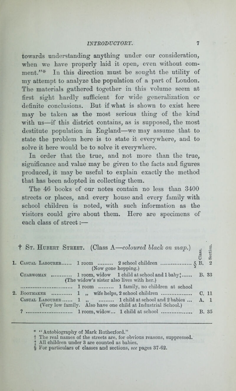 towards understanding anything under our consideration, when we have properly laid it open, even without com- ment/^* * * § In this direction must be sought the utility of my attempt to analyze the population of a part of London. The materials gathered together in this volume seem at first sight hardly sufficient for wide generalization or definite conclusions. But if what is shown to exist here may be taken as the most serious thing of the kind with us—if this district contains, as is supposed, the most destitute population in England—w’e may assume that to state the problem here is to state it everywhere, and to solve it here would be to solve it everywliere. In order that the true, and not more than the true, significance and value may be given to the facts and figures produced, it may be useful to explain exactly the method that has been adopted in collecting them. The 46 books of our notes contain no less than 3400 streets or places, and every house and every family with school children is noted, with such information as the visitors could give about them. Here are specimens of each class of street:— t St. Hubert Street. (Class A—coloured hlach on map.) ^ K o 1. Casual Labouree 1 room 2 school children ^ B. (Now gone hopping.) ^ Charwoman 1 room, widow 1 child at school and 1 baby J B. 33 (The widow’s sister also lives with her.) 1 room 1 family, no children at school 2. Bootmaker 1 ,, wife helps, 2 school children C. 11 Casual Labourer 1 ,, 1 child at school and 2 babies ... A. 1 (Very low family. Also have one child at Industrial School.) ? 1 room, widow... 1 child at school B. 35 * “Autobiography of Mark Eutherford.” t The real names of the streets are, for obvious reasons, suppressed, t All children under 3 are counted as babies. § For particulars of classes and sections, see pages 37-62. lo Section.