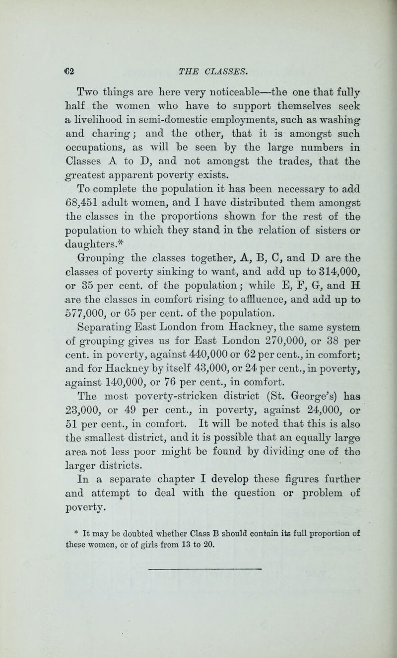 Two things are here very noticeable—the one that fully half the women who have to support themselves seek a livelihood in semi-domestic employments^ such as washing and charing; and the other, that it is amongst such occupations, as will be seen by the large numbers in Classes A to D, and not amongst the trades, that the greatest apparent poverty exists. To complete the population it has been necessary to add 68,451 adult women, and I have distributed them amongst the classes in the proportions shown for the rest of the population to which they stand in the relation of sisters or daughters.* Grouping the classes together. A, B, C, and D are the classes of poverty sinking to want, and add up to 314,000, or 35 per cent, of the population; while E, F, G, and H are the classes in comfort rising to affluence, and add up to 677.000, or 65 per cent, of the population. Separating East London from Hackney, the same system of grouping gives us for East London 270,000, or 38 per cent, in poverty, against 440,000 or 62 per cent., in comfort; and for Hackney by itself 43,000, or 24 per cent., in poverty, against 140,000, or 76 per cent., in comfort. The most poverty-stricken district (St. George^s) has 23.000, or 49 per cent., in poverty, against 24,000, or 51 per cent., in comfort. It will be noted that this is also the smallest district, and it is possible that an equally large area not less poor might be found by dividing one of tho larger districts. In a separate chapter I develop these figures further and attempt to deal with the question or problem of poverty. * It may be doubted whether Class B should contain its full proportion of these women, or of girls from 13 to 20.