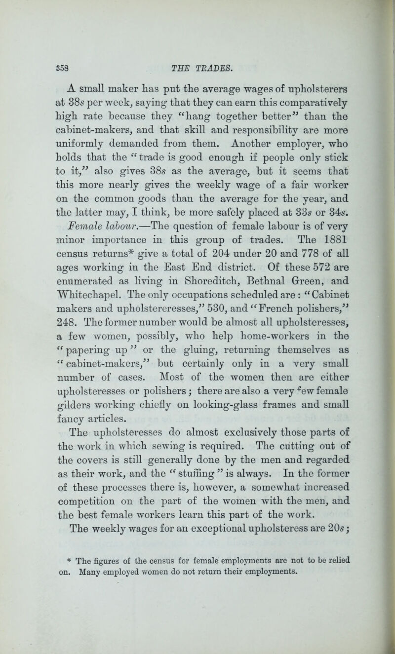 A small maker has put the average wages of upholsterers at 38s per week^ saying that they can earn this comparatively high rate because they “hang together betterthan the cabinet-makers^ and that skill and responsibility are more uniformly demanded from them. Another employer, who holds that the “trade is good enough if people only stick to it,^^ also gives 38s as the average, but it seems that this more nearly gives the weekly wage of a fair worker on the common goods than the average for the year, and the latter may, I think, be more safely placed at 33s or 34s. Female labour.—The question of female labour is of very minor importance in this group of trades. The 1881 census returns* give a total of 204 under 20 and 778 of all ages working in the East End district. Of these 572 are enumerated as living in Shoreditch, Bethnal Green, and Whitechapel. The only occupations scheduled are : “Cabinet makers and upholstereresses,^’ 530, and “French polishers,^^ 248. The former number would be almost all upholster esses, a few women, possibly, who help home-workers in the “papering up or the gluing, returning themselves as “ cabinet-makers,^^ but certainly only in a very small number of cases. Most of the women then are either upholsteresses or polishers; there are also a very :*^ew female gilders working chiefly on looking-glass frames and small fancy articles. The upholsteresses do almost exclusively those parts of the work in which sewing is required. The cutting out of the covers is still generally done by the men and regarded as their work, and the “ stuffing ” is always. In the former of these processes there is, however, a somewhat increased competition on the part of the women with the men, and the best female workers learn this part of the work. The weekly wages for an exceptional upholsteress are 20s; * The figures of the census for female employments are not to be relied on. Many employed women do not return their employments.