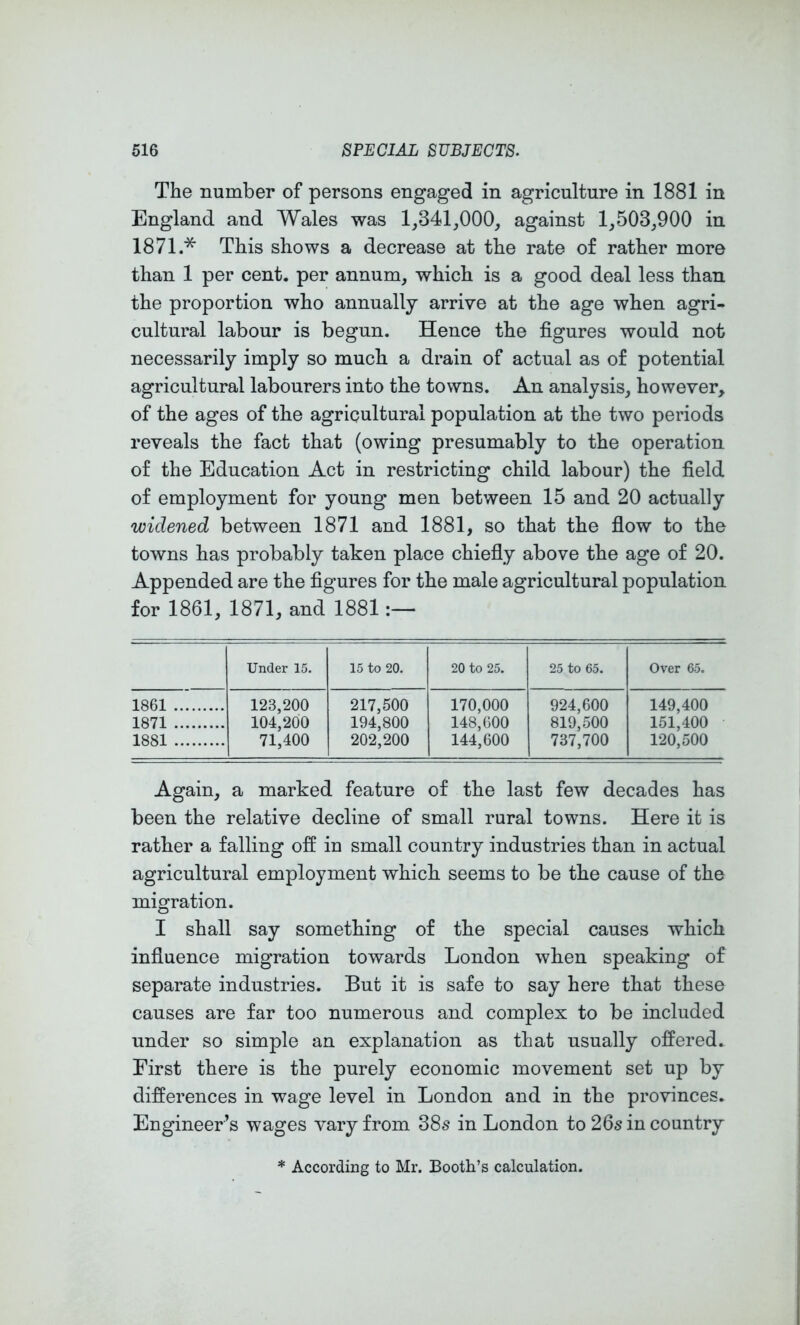 The number of persons engaged in agriculture in 1881 in England and Wales was 1,341,000, against 1,503,900 in 1871.* This shows a decrease at the rate of rather more than 1 per cent, per annum, which is a good deal less than the proportion who annually arrive at the age when agri- cultural labour is begun. Hence the figures would not necessarily imply so much a drain of actual as of potential agricultural labourers into the towns. An analysis, however, of the ages of the agricultural population at the two periods reveals the fact that (owing presumably to the operation of the Education Act in restricting child labour) the field of employment for young men between 15 and 20 actually widened between 1871 and 1881, so that the flow to the towns has probably taken place chiefly above the age of 20. Appended are the figures for the male agricultural population for 1861, 1871, and 1881 Under 15. 15 to 20. 20 to 25. 25 to 65. Over 65. 1861 123,200 217,500 170,000 924,600 149,400 1871 104,200 194,800 148,000 819,500 151,400 1881 71,400 202,200 144,600 737,700 120,500 Again, a marked feature of the last few decades has been the relative decline of small rural towns. Here it is rather a falling off in small country industries than in actual agricultural employment which seems to be the cause of the migration. I shall say something of the special causes which influence migration towards London when speaking of separate industries. But it is safe to say here that these causes are far too numerous and complex to be included under so simple an explanation as that usually offered. First there is the purely economic movement set up by differences in wage level in London and in the provinces. Engineer’s wages vary from 38s in London to 26s in country According to Mr. Booth’s calculation.