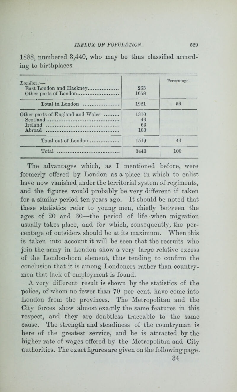 1888, numbered 3^440, who may be thus classified accord- ing to birthplaces London :— East London and Hackney Other parts of London 263 1658 Percentage. Total in London 1921 56 Other parts of England and Wales 1310 Scotland 46 Ireland 63 Abroad 100 Total out of London 1519 j 44 Total 3440 100 The advantages which, as I mentioned before, were formerly oSered by London as a place in which to enlist have now vanished under the territorial system of regiments, and the figures would probably be very different if taken for a similar period ten years ago. It should be noted that these statistics refer to young men, chiefly between the ages of 20 and 80—the period of life -when migration usually takes place, and for which, consequently, the per- centage of outsiders should be at its maximum. When this is taken into account it will be seen that the recruits who join the army in London show a very large relative excess of the London-born element, thus tending to conflrm the conclusion that it is among Londoners rather than country- men that lack of employment is found. A very different result is shown by the statistics of the police, of whom no fewer than 70 per cent, have come into London from the provinces. The Metropolitan and the City forces show almost exactly the same features in this respect, and they are doubtless traceable to the same cause. The strength and steadiness of the countryman is here of the greatest service, and he is attracted by the higher rate of wages offered by the Metropolitan and City authorities. The exact figures are given on the following page. 34