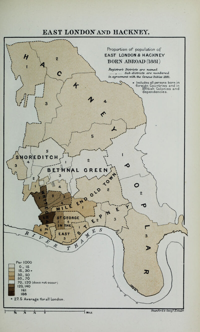 Per 1000 0_ IS 15_30 + 30_ SO S0_70 70- 120 (does not occur) B 120.140 H 161 ■ 188 ••• 27.5 Average for all London . Proportion of population of EAST LONDON & HACKNEY BORN ABROAD (1881) He^istrar's Districts are ruatved^ „ SuJb-districts are rtumbered uv agreement widv the Census Tdbles 1881. » Includes all persons born m •fore^n Countries and in Eiritish Colonies and dependencies. ii jt k MILE Stan/bri's GeogtHstcdt
