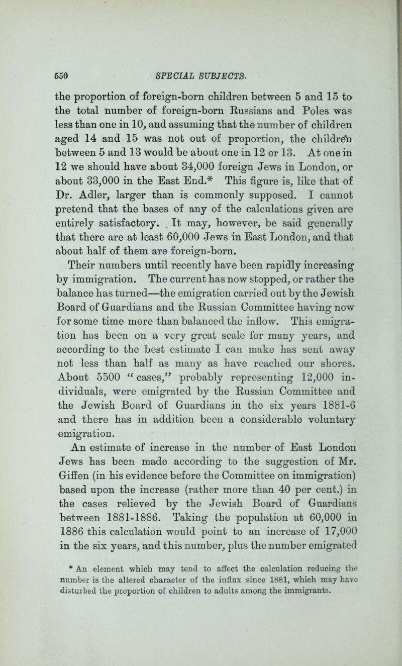 the proportion of foreign-born children between 5 and 15 to the total number of foreign-born Russians and Poles was less than one in 10, and assuming that the number of children aged 14 and 15 was not out of proportion, the childre’n between 5 and 13 would be about one in 12 or 13. At one in 12 we should have about 34,000 foreign Jews in London, or about 33,000 in the East End.* This figure is, like that of Dr. Adler, larger than is commonly supposed. I cannot pretend that the bases of any of the calculations given are entirely satisfactory. , It may, however, be said generally that there are at least 60,000 Jews in East London, and that about half of them are foreign-born. Their numbers until recently have been rapidly increasing by immigration. The current has now stopped, or rather the balance has turned—the emigration carried out by the Jewish Board of Guardians and the Russian Committee having now for some time more than balanced the inflow. This emigra- tion has been on a very great scale for many years, and according to the best estimate I can make has sent away not less than half as many as have reached our shores. About 5500 cases,’^ probably representing 12,000 in- dividuals, were emigrated by the Russian Committee and the Jewish Board of Guardians in the six years 1881-6 and there has in addition been a considerable voluntary emigration. An estimate of increase in the number of East London Jews has been made according to the suggestion of Mr. Giffen (in his evidence before the Committee on immigration) based upon the increase (rather more than 40 per cent.) in the cases relieved by the Jewish Board of Guardians between 1881-1886. Taking the population at 60,000 in 1886 this calculation would point to an increase of 17,000 in the six years, and this number, plus the number emigrated * An element -which may tend to affect the calculation reducing the number is the altered character of the influx since 1881, which may have disturbed the proportion of children to adults among the immigrants.