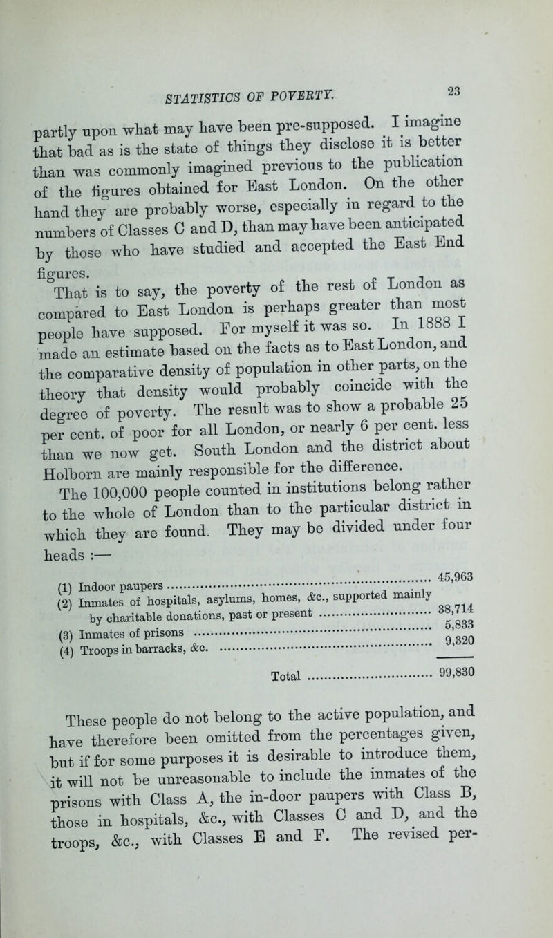 partly upon what may have been pre-supposed. _ I miagino that bad as is the state of things they disclose it is better than was commonly imagined previous to the publication of the figures obtained for East London. On the other hand they are probably worse, especially in regard to the numbers of Classes 0 and D, than may have been anticipated by those who have studied and accepted the East End ^^Tirt is to say, the poverty of the rest of London as compared to East London is perhaps greater than most people have supposed. For myself it was so. In 1888 i made an estimate based on the facts as to East London, and the comparative density of population in other parts, on the theory that density would probably coincide with the degree of poverty. The result was to show a probable 25 per cent, of poor for all London, or nearly 6 per cent, less than we now get. South London and the district about Holborii are mainly responsible for the difference. The 100,000 people counted in institutions belong rather to the whole of London than to the particular district in which they are found. They may be divided under four heads :— (1) Indoor paupers (2) Inmates of hospitals, asylums, homes, &c., by charitable donations, past or present ... (3) Inmates of prisons (4) Troops in barracks, supported mainly 45,963 38,714 5,833 9,320 Total 99,830 These people do not belong to the active population, and have therefore been omitted from the percentages given, but if for some purposes it is desirable to introduce them, it will not be unreasonable to include the inmates of the prisons with Class A, the in-door paupers with Class B, those in hospitals, &c., with Classes 0 and D, and the troops, &c., with Classes E and E. The revised per-