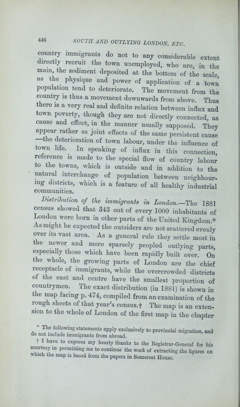 county immigrants do not to any considerable extent directly recruit tlie town unemployed, wlio are, in the mam, the sediment deposited at the bottom of the scale as the^ physique and power of application’ of a town population tend to deteriorate. The movement from the country is thus a movement downwards from above Thus there is a very real and definite relation between influx and own poverty, though they are not directly connected, as cause and effect, in the manner usually supposed. They appear rather as joint effects of the same persistent cause —the deterioration of town labour, under the influence of town life. In speaking of influx in this connection, reference is made to the special flow of country labour to the towns, which is outside and in addition to the natural interchange of population between neighbour- mg districts, which is a feature of all healthy industrial communities. Distribution of the immigrants in London.—The 1881 census showed that 343 out of every 1000 inhabitants of London were born in other parts of the United Kingdom.* s might be expected the outsiders are not scattered evenly over Its vast area. As a general rule they settle most in the newer and more sparsely peopled outlying parts, especially those which have been rapidly built over. On the whole, the growing parts of London are the chief receptacle of immigrants, while the overcrowded districts of the east and centre have the smallest proportion of countrymen. The exact distribution (in 1881) is shown in the map facing p. 474, compiled from an examination of the rough sheets of that year’s census.f The map is an exten- sion to the whole of London of the first map in the chapter * The following statements apply exclusively to provincial migration, and do not include immigrants from abroad. t 1 have to express my hearty thanks to the Eegistrar-General for his courtesy in permitting me to continue the work of extracting the figures on Which the map is based from the papers in Somerset House.