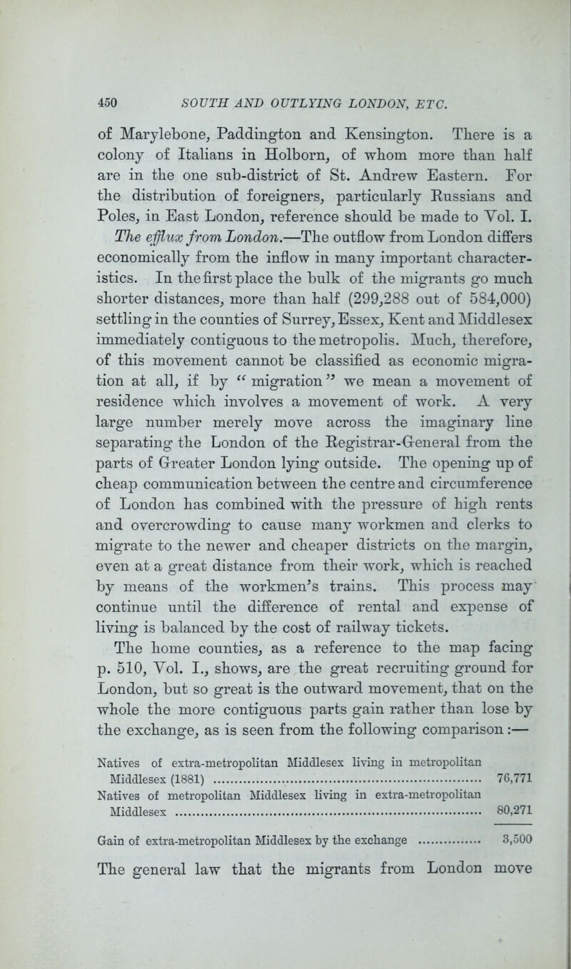 of Marylebone^ Paddington and Kensington. Tliere is a colony of Italians in Holborn_, of whom more than half are in the one sub-district of St. Andrew Eastern. For the distribution of foreigners^ particularly Russians and Poles, in East London, reference should be made to Yol. I. The efflux from London.—The outflow from London differs economically from the inflow in many important character- istics. In the first place the bulk of the migrants go much shorter distances, more than half (299,288 out of 584,000) settling in the counties of Surrey, Essex, Kent and Middlesex immediately contiguous to the metropolis. Much, therefore, of this movement cannot be classified as economic migra- tion at all, if by migration we mean a movement of residence which involves a movement of work. A very large number merely move across the imaginary line separating’ the London of the Registrar-Greneral from the parts of G-reater London lying outside. The opening up of cheap communication between the centre and circumference of London has combined with the pressure of high rents and overcrowding to cause many workmen and clerks to migrate to the newer and cheaper districts on the margin, even at a great distance from their work, which is reached by means of the workmen's trains. This process may continue until the difference of rental and expense of living is balanced by the cost of railway tickets. The home counties, as a reference to the map facing p. 510, Yol. I., shows, are the great recruiting ground for London, but so great is the outward movement, that on the whole the more contiguous parts gain rather than lose by the exchange, as is seen from the following comparison:— Natives of extra-metropolitan Middlesex living in metropolitan Middlesex (1881) 76,771 Natives of metropolitan Middlesex living in extra-metropolitan Middlesex 80,271 Gain of extra-metropolitan Middlesex by the exchange 3,500 The general law that the migrants from London move