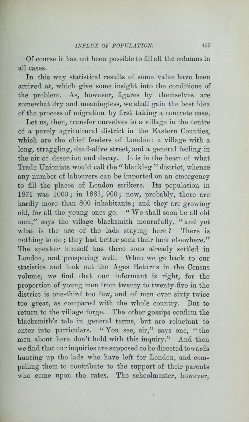 Of course it lias not been possible to fill all the columns in all cases. In this way statistical results of some value have been arrived at_, wliicli give some insiglit into the conditions of the problem. As_, however, figures by themselves are somewhat dry and meaningless, we shall gain the best idea of the process of migration by first taking a concrete case. Let us, then, transfer ourselves to a village in the centre of a purely agricultural district in the Eastern Counties, which are the chief feeders of London : a village with a long, straggling, dead-alive street, and a general feeling in the air of desertion and decay. It is in the heart of what Trade Unionists would call the “ blackleg district, whence any number of labourers can be imported on an emergency to fill the places of London strikers. Its population in 1871 was 1000; in 1881, 900; now, probably, there are hardly more than 800 inhabitants; and they are growing old, for all the young ones go. We shall soon be all old men,^^ says the village blacksmith mournfully, and yet what is the use of the lads staying here ? There is nothing to do; they had better seek their luck elsewhere.'’^ The speaker himself has three sons already settled in London, and prospering well. When we go back to our statistics and look out the Ages Returns in the Census volume, we find that our informant is right, for the proportion of young men from twenty to twenty-five in the district is one-third too few, and of men over sixty twice too great, as compared with the whole country. But to return to the village forge. The other gossips confirm the blacksmiths tale in general terms, but are reluctant to enter into particulars. You see, sir,^^ says one, “ the men about here doht hold with this inquiry.^^ And then we find that our inquiries are supposed to be directed towards hunting up the lads who have left for London, and com- pelling them to contribute to the support of their parents who come upon the rates. The schoolmaster, however.