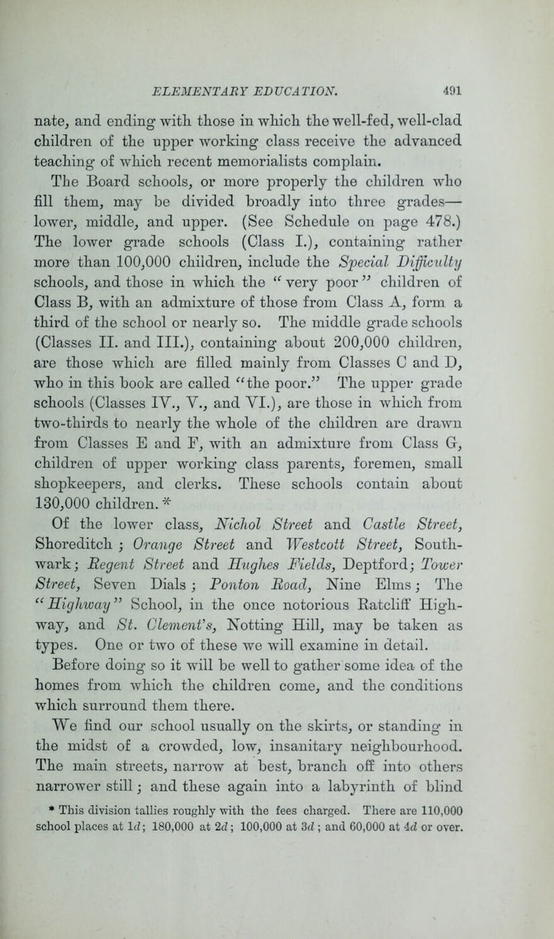 nate_, and ending with those in which the well-fed, well-clad children of the upper working class receive the advanced teaching of which recent memorialists complain. The Board schools, or more properly the children who fill them, may be divided broadly into three grades— lower, middle, and upper. (See Schedule on page 478.) The lower grade schools (Class I.), containing rather more than 100,000 children, include the Special Difficulty schools, and those in which the very poor children of Class B, with an admixture of those from Class A, form a third of the school or nearly so. The middle grade schools (Classes II. and III.), containing about 200,000 children, are those which are filled mainly from Classes C and D, who in this book are called ‘'^the poor.^^ The upper grade schools (Classes lY., Y., and YI.), are those in which from two-thirds to nearly the whole of the children are drawn from Classes E and F, with an admixture from Class Gr, children of upper working class parents, foremen, small shopkeepers, and clerks. These schools contain about 130,000 children. * Of the lower class, Nicliol Street and Castle Street, Shoreditch ; Orange Street and Westcott Street, South- wark; Regent Street and Hughes Fields, Deptford; Tower Street, Seven Dials ; Ponton Road, Nine Elms; The Highway School, in the once notorious Eatcliff High- way, and St. Clement's, Notting Hill, may be taken as types. One or two of these we will examine in detail. Before doing so it will be well to gather some idea of the homes from which the children come, and the conditions which surround them there. We find our school usually on the skirts, or standing in the midst of a crowded, low, insanitary neighbourhood. The main streets, narrow at best, branch off into others narrower still; and these again into a labyrinth of blind * This division tallies roughly with the fees charged. There are 110,000 school places at Id; 180,000 at 2d; 100,000 at 3d ; and 60,000 at 4d or over.