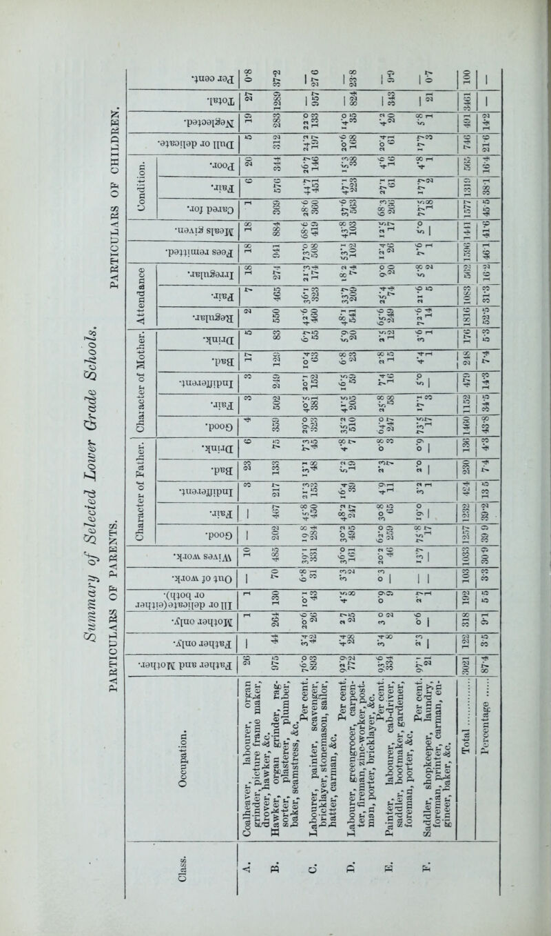 Summary of Selected Lower Grade Schools, PARTICULARS OP PARENTS. •JU90 J9J^ 00 b 04 CO 27 G 1 * ' og 1§ 1 O 1 ® |i (N I li 1 23 1 00 iS 1 ^ T 1 •p9J09ja9X Ci CO 0^4 •°w w o CC rH •40 Q j 04 •ojuoqap JO jpa 40 04 CO q.s f^co 12 1 a o uoo<i o 04 CO vC sO ? »-* g 1 3 1 ''5 a o o « CO s O •aoj poai^o O CO O CP 'S« 40 00 i>.cM li •U9AlS SJ-BOpi 00 00 00 sQ Ci 00 CO CO 3 yiX> Vt ^ S.I li •p9JJIUI9J S09^ 00 rH 5 Ci « 04 •^55 i-t x>» ll li <D a •a'BinSajJi 00 04 w *>• a; 04 V) li li 73 g •jrej !>• O ti O 40 CO li •JBiuSa'a g o vO O :-i O li li c o •jjuija »o §3 o*« yj04 b ^ 'P rH CO 1 S 1 ^ b o •pua !>. iS ^co 00 CO b ^ Qp 40 b 1 5 1 1 r *o •JU9J0JJipUI m Cp C4 04 AoCi &i 1 CO 1 ^ o CO § lO v>iO L- ® CO x-^ 04 LO 12 1 ^ o •pooo c? O CO S'?? N O O i>. x^ X 1 CO 1 u o •3[uija: o i? 00 00 CO b 04 O 1 1 ^ Pm •pua CO <M CO rH i-i GO w o cOI> b •° 1 ^ , *0 u •jugaogipui CO G4 COCO JO so=^ _OrH S 1 ^ 1 1 *■’ h o C3 1 CO o •^lO « !>• 00 ^ 00 40 CO li 04 b o •poo£) 1 04 O CN li M lO b 2 cm o,zg 00 x^ x^ t? 1 21 li •31J0AV S9AIj\^ o )0 GO CO O b 55 co’^ b ^ ?l o Ci g •5[aoAV JO jno 1 O i> CO 04 CO o 1 1 1 b CO 6o •(qjoq ao .I9qjI0)9J'BOIl0p JOni o CO •o^ y»ao b N s 40 lb •.^lUO A9qjOI\[ r-( i so O i>o e,<M O 04 CO SO o 1 00 53 C5 •A'luo Jgqj'B J 1 '*r 04 ‘eo^ yx> CO •« 1 GNJ 04 40 CO •jgqjoic puB Aoqj'B^i 04 1-0 CO C7^'^4 O' 04 *? 00 Occupation. Coalheaver, labourer, organ grinder, picture frame maker, drover, hawker, &c. Hawker, organ grinder, rag- sorter, plasterer, plumber, baker, seamstress, &c. Per cent. Labourer, painter, scavenger, bricklayer, stonemason, sailor, hatter, carman, &c. Per cent. Labourer, greengrocer, carpen- ter, fii’eman, zinc-worker, post, man, porter, bricklayer, &c. Per cent. Painter, labourer, cab-driver, saddler, bootmaker, gardener. foreman, porter, &c. Per cent. Saddler, shopkeeper, laundry, foreman, printer, carman, en- gineer, baker, &c. ; c H 1 o