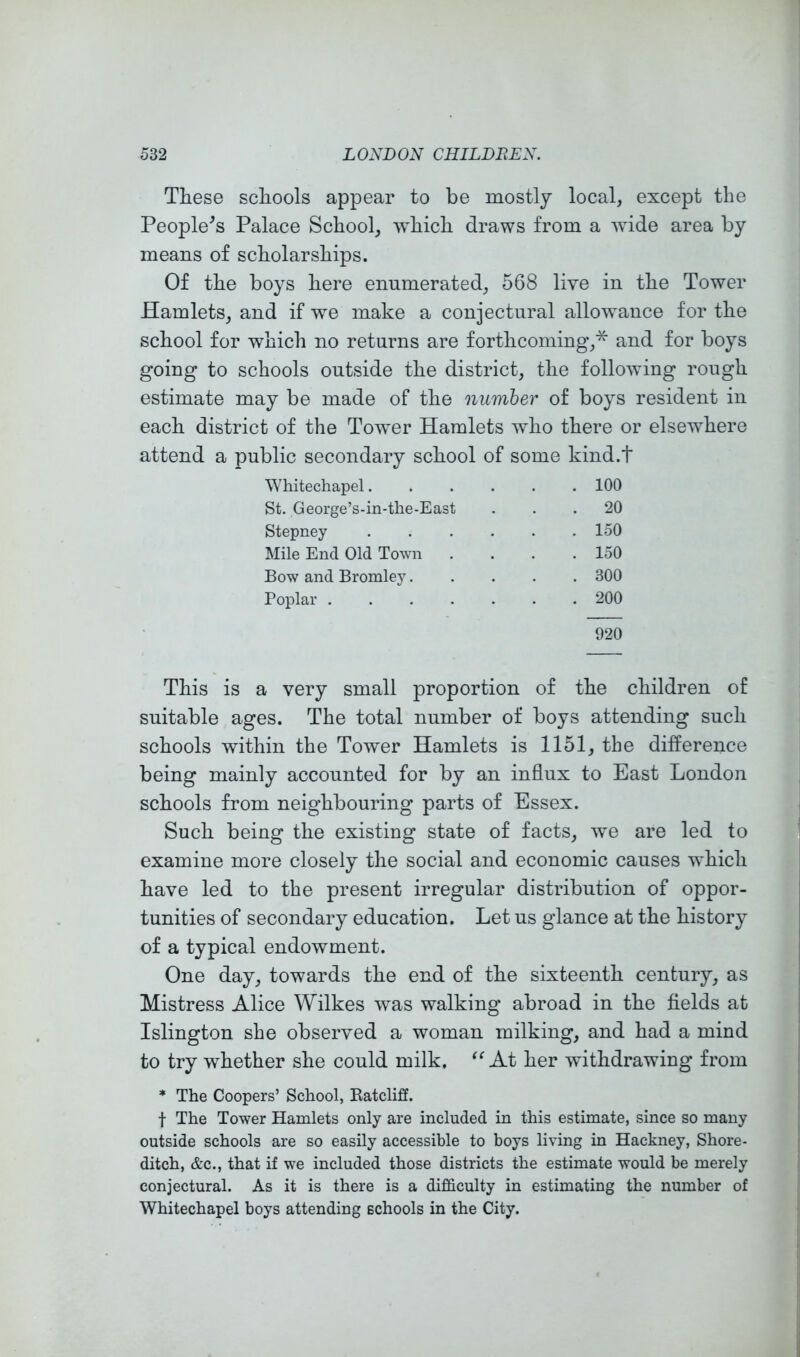 These schools appear to be mostly local, except the People^s Palace School, which draws from a wide area by means of scholarships. Of the boys here enumerated, 568 live in the Tower Hamlets, and if we make a conjectural allowance for the school for which no returns are forthcoming,* and for boys going to schools outside the district, the following rough estimate may be made of the number of boys resident in each district of the Tower Hamlets who there or elsewhere attend a public secondary school of some kind.t \Yhitechapel 100 St. George’s-in-the-East ... 20 Stepney 150 Mile End Old Town .... 150 Bow and Bromley 300 Poplar 200 020 This is a very small proportion of the children of suitable ages. The total number of boys attending such schools within the Tower Hamlets is 1151, the difference being mainly accounted for by an influx to East London schools from neighbouring parts of Essex. Such being the existing state of facts, we are led to examine more closely the social and economic causes which have led to the present irregular distribution of oppor- tunities of secondary education. Let us glance at the history of a typical endowment. One day, towards the end of the sixteenth century, as Mistress Alice Wilkes was walking abroad in the fields at Islington she observed a woman milking, and had a mind to try whether she could milk. At her withdrawing from * The Coopers’ School, Eatcliff. f The Tower Hamlets only are included in this estimate, since so many outside schools are so easily accessible to boys living in Hackney, Shore- ditch, &c., that if we included those districts the estimate would be merely conjectural. As it is there is a difficulty in estimating the number of Whitechapel boys attending schools in the City.