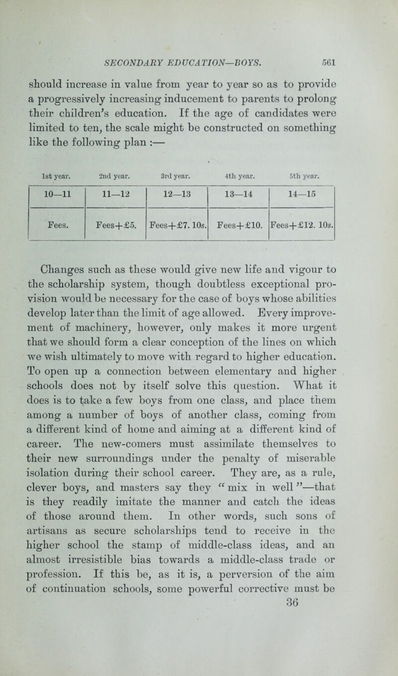 should increase in value from year to year so as to provide a progressively increasing inducement to parents to prolong their children's education. If the age of candidates were limited to ten, the scale might be constructed on something like the following plan :— 1st year. 2nd year. 3rd year. 4tli year. 5th year. 10—11 11—12 12—13 13—14 14—15 Fees. Fees+£5. Fees-f £7.10s. Fees-f-£10. Fees+£12. 10s. Changes such as these would give new life and vigour to the scholarship system, though doubtless exceptional pro- vision would be necessary for the case of boys whose abilities develop later than the limit of age allowed. Every improve- ment of machinery, however, only makes it more urgent that we should form a clear conception of the lines on which we wish ultimately to move with regard to higher education. To open up a connection between elementary and higher schools does not by itself solve this question. What it does is to take a few boys from one class, and place them among a number of boys of another class, coming from a different kind of home and aiming at a different kind of career. The new-comers must assimilate themselves to their new surroundings under the penalty of miserable isolation during their school career. They are, as a rule, clever boys, and masters say they mix in well —that is they readily imitate the manner and catch the ideas of those around them. In other words, such sons of artisans as secure scholarships tend to receive in the higher school the stamp of middle-class ideas, and an almost irresistible bias towards a middle-class trade or profession. If this be, as it is, a perversion of the aim of continuation schools, some powerful corrective must be 36