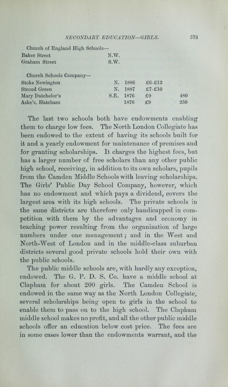 Church of England High Schools— Baker Street Graham Street N.W. S.W. Church Schools Company— Stoke Newington N. 1886 £6-£12 Stroud Green N. 1887 £7-£10 Mary Batchelor’s S.E. 1876 £9 480 Aske’s, Hatcham 1876 £9 250 Tlie last two scliools both have endowments enabling them to charge low fees. The North London Collegiate has been endowed to the extent of having its schools built for it and a yearly endowment for maintenance of premises and for granting scholarships. It charges the highest fees, but has a larger number of free scholars than any other public high school, receiving, in addition to its own scholars, pupils from the Camden Middle Schools with leaving scholarships. The Cirls^ Public Day School Company, however, which has no endowment and which pays a dividend, covers the largest area with its high schools. The private schools in the same districts are therefore only handicapped in com- petition with them by the advantages and economy in teaching power resulting from the organization of large numbers under one management; and in the West and North-West of London and in the middle-class suburban districts several good private schools hold their own with the public schools. The public middle schools are, with hardly any exception, endowed. The C. P. D. S. Co. have a middle school at Clapham for about 200 girls. The Camden School is endowed in the same way as the North London Collegiate, several scholarships being open to girls in the school to enable them to pass on to the high school. The Clapham middle school makes no profit, and all the other public middle schools offer an education below cost price. The fees are in some cases lower than the endowments warrant, and the