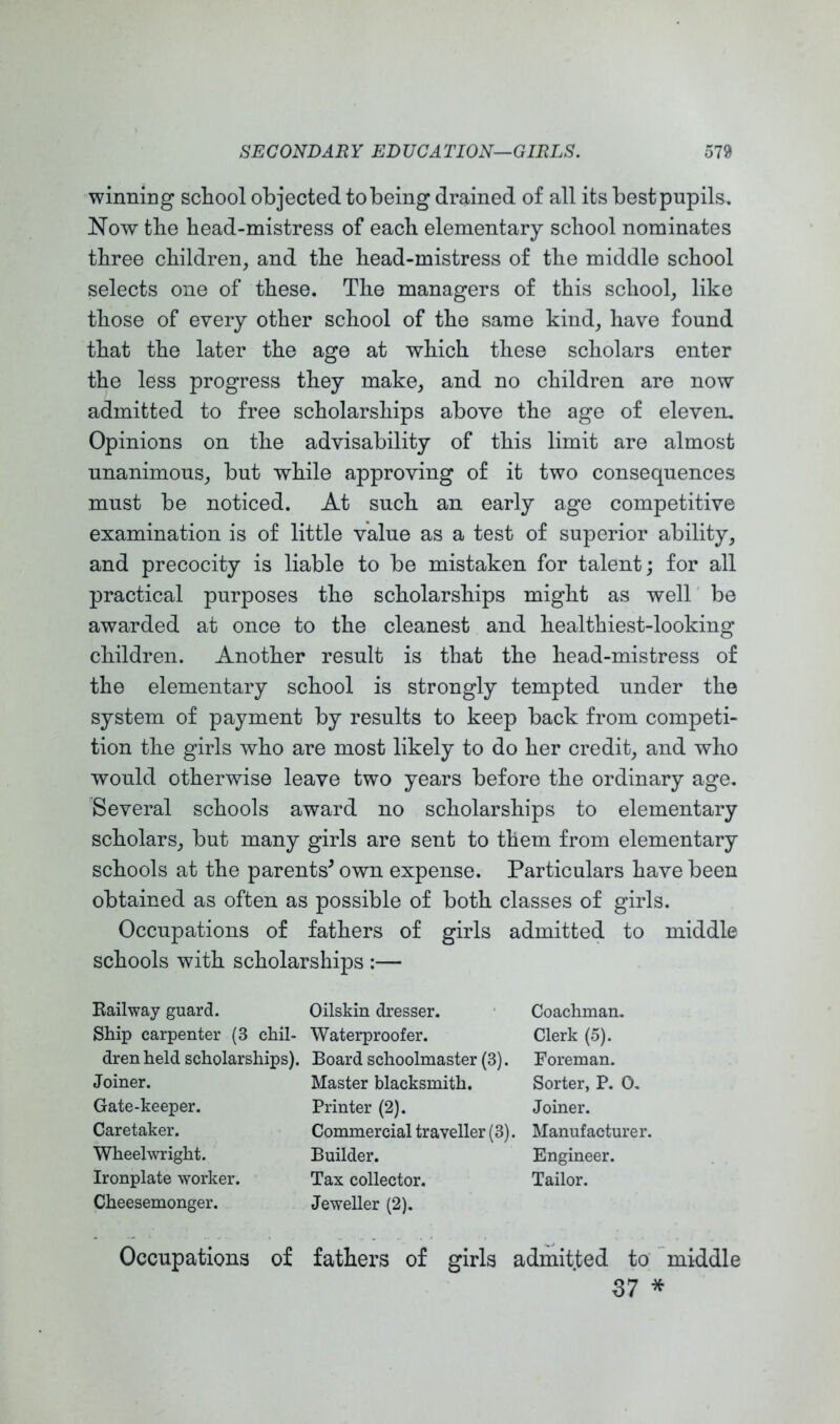 winning school objected to being drained of all its best pupils. Now the head-mistress of each elementary school nominates three children, and the head-mistress of the middle school selects one of these. The managers of this school, like those of every other school of the same kind, have found that the later the age at which these scholars enter the less progress they make, and no children are now admitted to free scholarships above the age of eleven. Opinions on the advisability of this limit are almost unanimous, but while approving of it two consequences must be noticed. At such an early age competitive examination is of little value as a test of superior ability, and precocity is liable to be mistaken for talent; for all practical purposes the scholarships might as well be awarded at once to the cleanest and healthiest-looking children. Another result is that the head-mistress of the elementary school is strongly tempted under the system of payment by results to keep back from competi- tion the girls who are most likely to do her credit, and who would otherwise leave two years before the ordinary age. Several schools award no scholarships to elementary scholars, but many girls are sent to them from elementary schools at the parents^ own expense. Particulars have been obtained as often as possible of both classes of girls. Occupations of fathers of girls admitted to middle schools with scholarships :— Eailway guard. Ship carpenter (3 chil- dren held scholarships). Joiner. Gate-keeper. Caretaker. Wheelwright. Ironplate worker. Cheesemonger. Oilskin dresser. Waterproof er. Board schoolmaster (3). Master blacksmith. Printer (2). Commercial traveller (3). Builder. Tax collector. Jeweller (2). Coachman. Clerk (5). Foreman. Sorter, P. 0. Joiner. Manufacturer. Engineer. Tailor. Occupations of fathers of girls admitted to’ 'middle 37 *