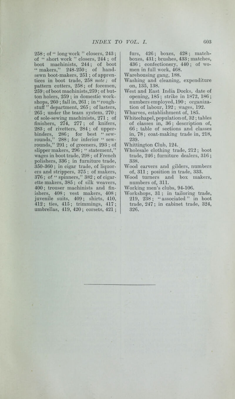 258 ; of “ long work ” closers, 243 ; of “ short work ” closers, 244 ; of boot machinists, 244; of boot “makers,” 248-250; of hand- sewn boot-makers, 251; of appren- tices in boot trade, 258 note; of pattern cutters, 258; of foremen, 259; of boot machinists,259; of but- ton holers, 259 ; in domestic work- shops, 260 ; fall in, 261; in “rough- stuff ” department, 265 ; of lasters, 265 ; under the team system, 270 ; of sole-sewing machinists, 271; of finishers, 274, 277; of knifers, 283; of rivetters, 284; of upper- binders, 286; for best “ sew- rounds,” 288; for inferior “ sew- rounds,” 291; of greeners, 293 ; of slipper makers, 296 ; “ statement,” wages in boot trade, 298 ; of French polishers, 336 ; in furniture trade, 350-360 ; in cigar trade, of liquor- ers and strippers, 375 ; of makers, 376 ; of “ spinners,” 382 ; of cigar- ette makers, 385; of silk weavers, 400; trouser machinists and fin- ishers, 408 ; vest makers, 408 ; juvenile suits, 409; shirts, 410, 412 ; ties, 415 ; trimmings, 417 ; umbrellas, 419, 420; corsets, 421; furs, 426; boxes, 428; match- boxes, 431; brushes, 433; matches, 436 ; confectionery, 440 ; of wo- men in full work, 468. Warehousing gang, 188. Washing and cleaning, expenditure on, 135, 1.38. West and East India Docks, date of opening, 185 ; strike in 1872, 186 ; numbers employed, 190 ; organiza- tion of labour, 192 ; wages, 192. Wharves, establishment of, 185. Whitechapel, population of, 32 ; tables of classes in, 36; description of, 66 ; table of sections and classes in, 78; coat-making trade in, 218, 239. Whittington Club, 124. Wholesale clothing trade, 212; boot trade, 246 ; furniture dealers, 316 ; 338. Wood carvers and gilders, numbers of, 311; position in trade, 333. Wood turners and box makers, numbers of, 311. Working men’s clubs, 94-106. Workshops, 31; in tailoring trade, 219, 238 ; “ associated ” in boot trade, 247; in cabinet trade, 324, 326.