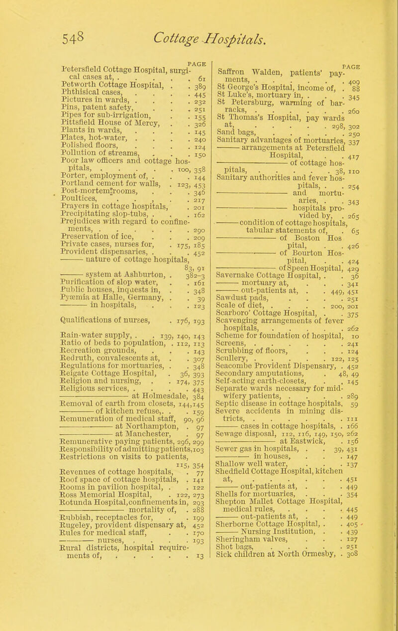 I'etersfleld Cottage Hospital, surgi- cal cases at, Petworth Cottage Hospital, . ! Phthisical cases, .... Pictures in wards, . . . ! Pins, patent safety. Pipes for sub-irrigation, Pittsfield House of Mercy, Plants in wards, .... Plates, hot-water, .... Polished floors Pollution of streams. Poor law oflflcers and cottage hos- pitals, ..... TOO, Porter, employment of, . Portland cement for walls, . 123, Post-mortemfrooms, Poultices, ' . . , Prayers in cottage hospitals. Precipitating slop-tubs, . Prejudices with regard to confine- ments, .... Preservation of ice. Private cases, nurses for. Provident dispensaries, . uatxu'e of cottage hospitals, 83, 91 system at Ashburton, 175. 61 389 44S 232 231 iSS 326 145 240 124 150 358 144 453 346 217 201 162 290 209 185 452 Purification of slop water. Public houses, inquests in, Py®mia at Halle, Geraiauy, in hospitals. 382-3 161 348 39 123 Qualifications of nurses, . 176, 193 Rain-water supply, . . 139, 140, 143 Ratio of beds to population, . 112, 113 Recreation grounds, . . .143 Redruth, convalescents at, . . 307 Regulations for mortuaries, . . 348 Reigate Cottage Hospital, . 36, 393 Religion and nursing, . . 174, 375 Religious services, .... 443 at Holmesdale, 384 Removal of earth from closets, 144,145 of kitchen refuse,. . . 159 Remuneration of medical staff, go, 96 at Northampton, . 97 at Manchester, . 97 Rennmerative paying patients, 296, 299 Responsibility of admittingpatients,103 Restrictions on visits to patients, 1x5. 354 Revenues of cottage hospitals, . 77 Roof space of cottage hospitals, . 141 Rooms in pavilion hospital, . . 122 Ross Memorial Hospital, . 122, 273 Rotunda Hospital,confinements in, 293 mortality of, . 288 Rubbish, receptacles for, . . igg Rugeley, provident dispensary at, 452 Rules for medical staff, . .170 nurses, . . . - 193 Rural districts, hospital require- ments of, 13 Saffron Walden, patients’ pay^'^^^ ments, ...... 409 St George’s Hospital, income of, . 88 St Luke’s, mortuary in. . . . 345 St Petersburg, warming of bar- racks, ...... 260 St Thomas’s Hospital, pay wards 298,302 Sand bags, 250 Sanitary advantages of mortuaries, 337 arrangements at Petersfield Hospital, . .417 of cottage hos- pitals 38, no Sanitary authorities and fever hos- pitals, . . 254 and mortu- aries, . . 343 hospitals pro- vided by, . 265 condition of cottage hospitals, tabular statements of, . 65 of Boston Hos pital, . . 426 of Bourton Hos- pital, . . 424 of Speen Hospital, 429 ” ■ ’ 36 341 451 251 201 375 449. Savernake Cottage Hospital, mortuary at, out-patients at. Sawdust pads. Scale of diet, . Scarboro’ Cottage Hospital, . Scavenging arrangements of fever hospitals 262 Scheme for foimdation of hospital, lo Screens Scrubbing of floors, . . .124 Scullery 125 Seacombe Provident Dispensary, . 452 Secondary amputations, . 48, 49 Self-acting earth-closets, . , 145 Separate wards necessaiy for mid- wifery patients, . . . .289 Septic disease in cottage hospitals, 59 Severe accidents in mining dis- tricts, Ill cases in cottage hospitals, . 166 Sewage disposal, 112, n6, 149, 150, 262 at Eastwick, . 156 Sewer gas in hospitals, . . 39, 431 in houses. Shallow well water, Shedfleld Cottage Hospital, kitchen at, out-patients at, . Shells for mortuaries, Sheptou Mallet Cottage Hospital, medical rules, .... out-patients at, . Sherborne Cottage Hospital, . Nursing Institution, . Sheringham valves. Shot bags, Sick cliildren at North Ormesby, . 147 137 451 449 354 445 449 4°S 439 127 251 308