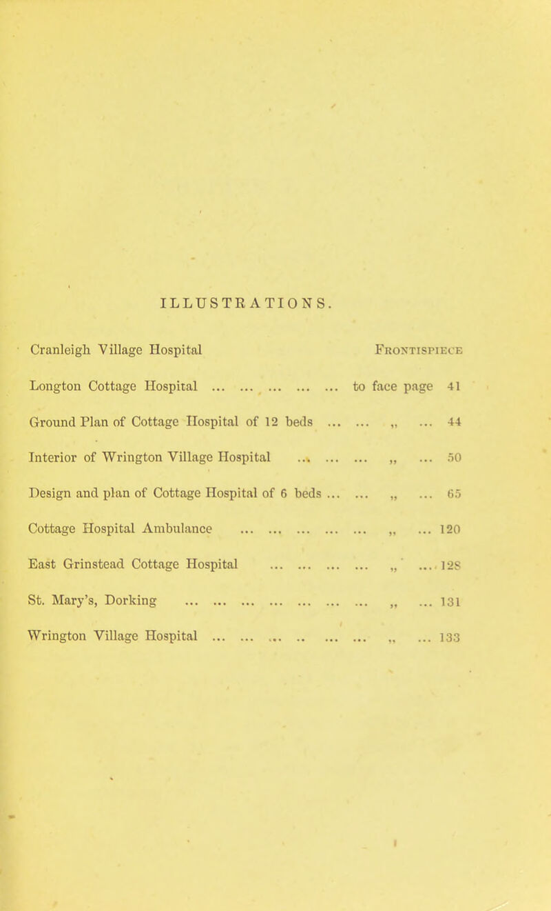 ILLUSTRATIONS. Cranleigli Village Hospital Frontispiece Longton Cottage Hospital to face page 41 Ground Plan of Cottage Hospital of 12 beds ... ... „ ... 44 Interior of Wrington Village Hospital ... ... „ ... 50 Design and plan of Cottage Hospital of 6 beds ... „ ... 65 Cottage Hospital Ambulance ... „ ... 120 East Grin stead Cottage Hospital ... ...> 12S St. Mary’s, Dorking ... ,, ... 131