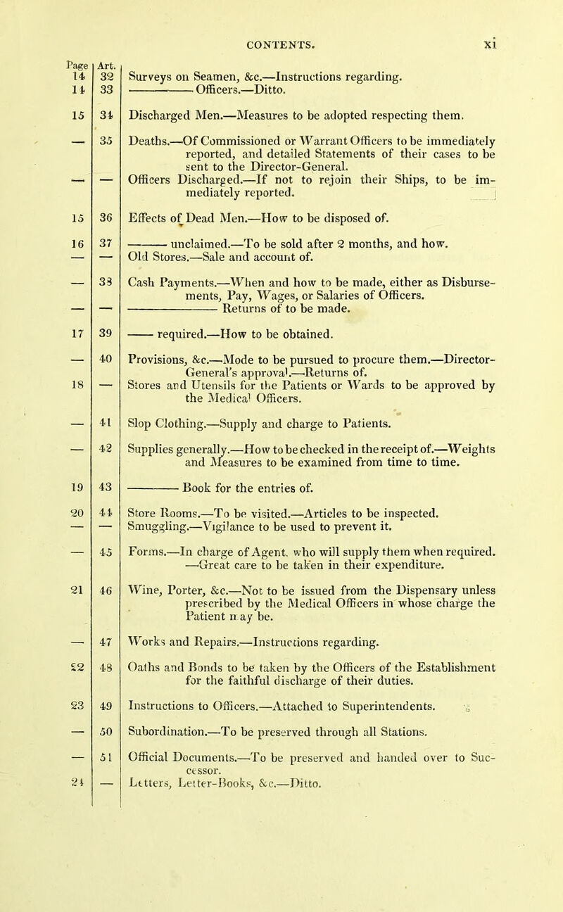Page 14 U 15 15 16 Art. 32 33 31 35 36 37 Surveys on Seamen, &c.—Instructions regarding. Officers.—Ditto. Discharged Men.—Measures to be adopted respecting them. Deaths.—Of Commissioned or Warrant Officers to be immediately reported, and detailed Statements of their cases to be sent to the Director-General. Officers Discharged.—If not to rejoin their Ships, to be im- mediately reported. i Effects of Dead Men.—How to be disposed of. unclaimed.—To be sold after 2 months, and how. Old Stores.—Sale and account of. 17 18 19 20 21 £2 23 2i Cash Payments.—When and how to be made, either as Disburse- ments, Pay, Wages, or Salaries of Officers. Returns of to be made. required.—How to be obtained. Provisions, &c.—Mode to be pursued to procure them.—Director- General’s approval.—.Returns of. Stores and Utensils for the Patients or Wards to be approved by the Medical Officers. Slop Clothing.—Supply and charge to Patients. Supplies generally.—How tobechecked in thereceiptof.—Weights and Pleasures to be examined from time to time. Book for the entries of. Store Rooms.—To be visited.—Articles to be inspected. Smuggling.—Vigilance to be used to prevent it. For.ms.—In charge of Agent, who will supply them when required. —'Great care to be taken in their expenditure. Wine, Porter, &c.—Not to be issued from the Dispensary unless prescribed by the Medical Officers in whose charge the Patient n ay be. Works and Repairs.—Instructions regarding. Oaths and Bonds to be taken by the Officers of the Establishment for the faithful discharge of their duties. Instructions to Officers.—Attached to Superintendents. Subordination.—To be preserved through all Stations. Official Documents.—To be preserved and handed over to Suc- cessor. Letters, Letter-Rooks, &c.—Ditto.