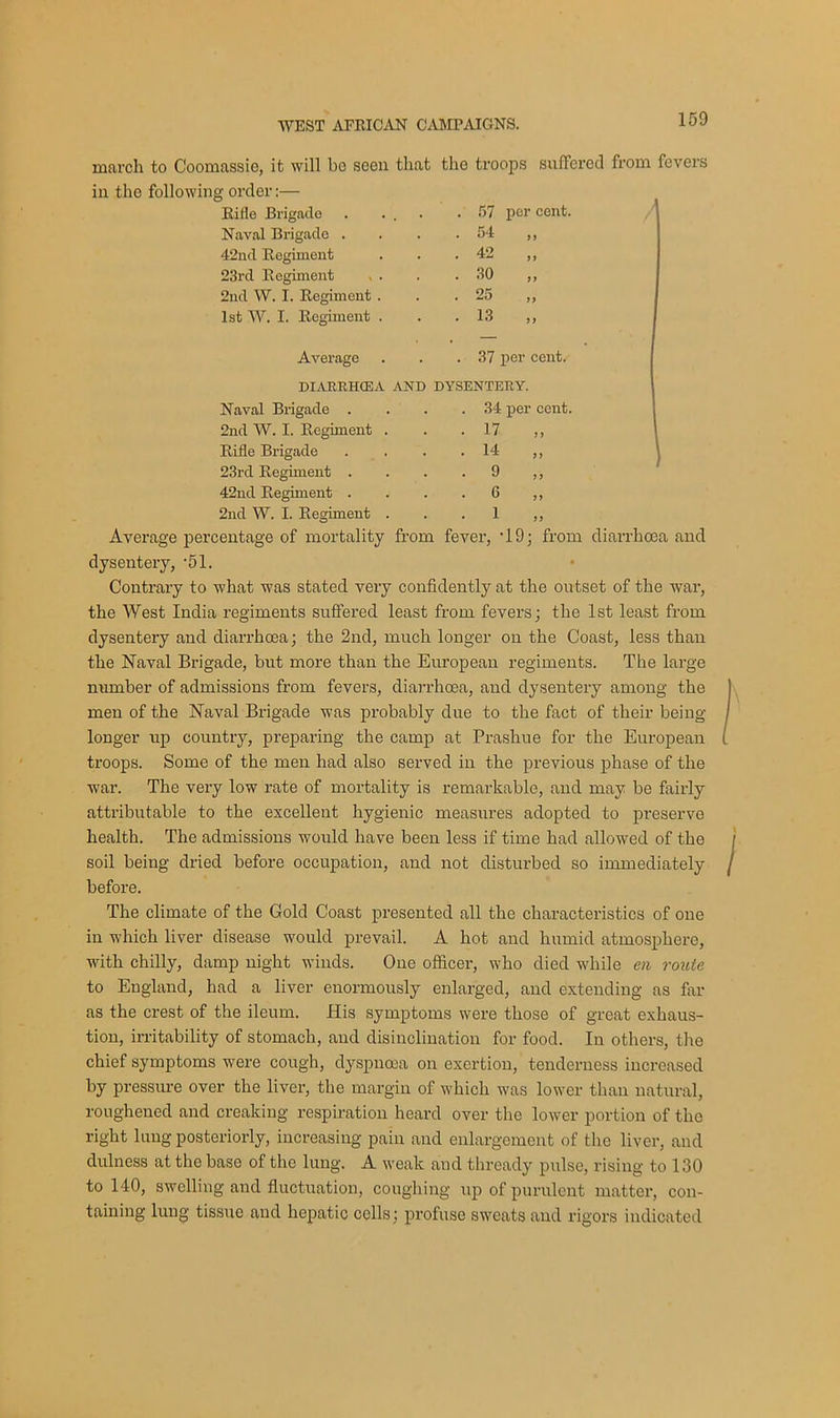 march to Coomassio, it will bo seen that the troops suffered from fevers in the following order:— Rifle Brigade . ... . 57 per cent. Naval Brigade . . 54 42nd Regiment . 42 23rd Regiment . 30 2nd W. I. Regiment . . 25 1st W. I. Regiment . • 13 Average . 37 per cent. DIARRHOEA AND DYSENTERY. Naval Brigade . . . .34 per cent. 2nd W. I. Regiment . . .17 ,, Rifle Brigade . . . .14 ,, 23rd Regiment . . . .9 ,, 42nd Regiment . . . .6 ,, 2nd W. I. Regiment . . .1 ,, Average percentage of mortality from fever, '19; from diarrhoea and dysentery, '51. Contrary to what was stated very confidently at the outset of the war, the West India regiments suffered least from fevers; the 1st least from dysentery and diarrhoea; the 2nd, much longer on the Coast, less than the Naval Brigade, but more than the European regiments. The large number of admissions from fevers, diarrhoea, and dysentery among the men of the Naval Brigade was probably due to the fact of their being longer up country, preparing the camp at Prashue for the European troops. Some of the men had also served in the previous phase of the war. The very low rate of mortality is remarkable, and may be fairly attributable to the excellent hygienic measures adopted to preserve health. The admissions would have been less if time had allowed of the soil being dried before occupation, and not disturbed so immediately before. The climate of the Gold Coast presented all the characteristics of one in which liver disease would prevail. A hot and humid atmosphere, with chilly, damp night winds. One officer, who died while en route to England, had a liver enormously enlarged, and extending as far as the crest of the ileum. His symptoms were those of great exhaus- tion, irritability of stomach, and disinclination for food. In others, the chief symptoms were cough, dyspnoea on exertion, tenderness increased by pressure over the liver, the margin of which was lower than natural, roughened and creaking respiration heard over the lower portion of the right lung posteriorly, increasing pain and enlargement of the liver, and dulness at the base of the lung. A weak and thready pulse, rising to 130 to 140, swelling and fluctuation, coughing up of purulent matter, con- taining lung tissue and hepatic cells; profuse sweats and rigors indicated