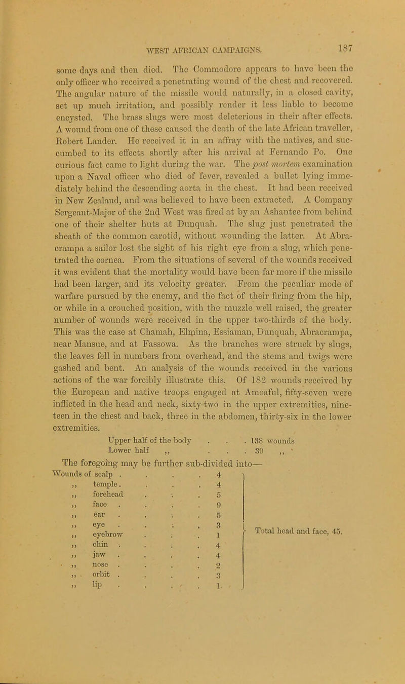 some clays and then died. The Commodore appears to have been the only officer who received a penetrating wound of the chest and recovered. The angular nature of the missile would naturally, in a closed cavity, set up much irritation, and possibly render it less liable to become encysted. Tho brass slugs were most deleterious in their after effects. A wound from one of these caused the death of the late African traveller, Bobert Lander. He received it in an affray with the natives, and suc- cumbed to its effects shortly after his arrival at Fernando Po. One curious fact came to light during the war. The post mortem examination upon a Naval officer who died of fever, revealed a bullet lying imme- diately behind the descending aorta in tho chest. It had been received in New Zealand, and was believed to have been extracted. A Company Sergeant-Major of the 2nd West was fired at by an Ashantee from behind one of their shelter huts at Dunquah. The slug just penetrated the sheath of the common carotid, without wounding the latter. At Abra- crampa a sailor lost the sight of his right eye from a slug, which pene- trated the cornea. From the situations of several of the wounds received it was evident that the mortality would have been far more if the missile had been larger, and its velocity greater. From the peculiar mode of warfare pursued by the enemy, and the fact of their firing- from the hip, or while in a crouched position, with the muzzle well raised, the greater number of wounds were received in the upper two-thirds of the body. This was the case at Chamah, Elmina, Essiaman, Dunquah, Abracrampa, near Mansue, and at Fassowa. As the branches were struck by slugs, the leaves fell in numbers from overhead, and the stems and twigs were gashed and bent. An analysis of the wounds received in the various actions of the wrar forcibly illustrate this. Of 182 wounds received by the European and native troops engaged at Amoaful, fifty-seven were inflicted in the head and neck, sixty-two in the upper extremities, nine- teen in the chest and back, three in the abdomen, thirty-six in the lower extremities. Upper half of the body . . .138 wounds Lower half ,, . . .39 ' The foregoing may be further sub-divided into— ads of scalp . 4 ,, temple. 4 ,, forehead 5 ,, face 9 ,, ear 5 „ eye 3 ,, eyebrow 1 ,, chin 4 », jaw . 4 ,, . orbit . 3 >> lip t S 1. Total head and face, 45.