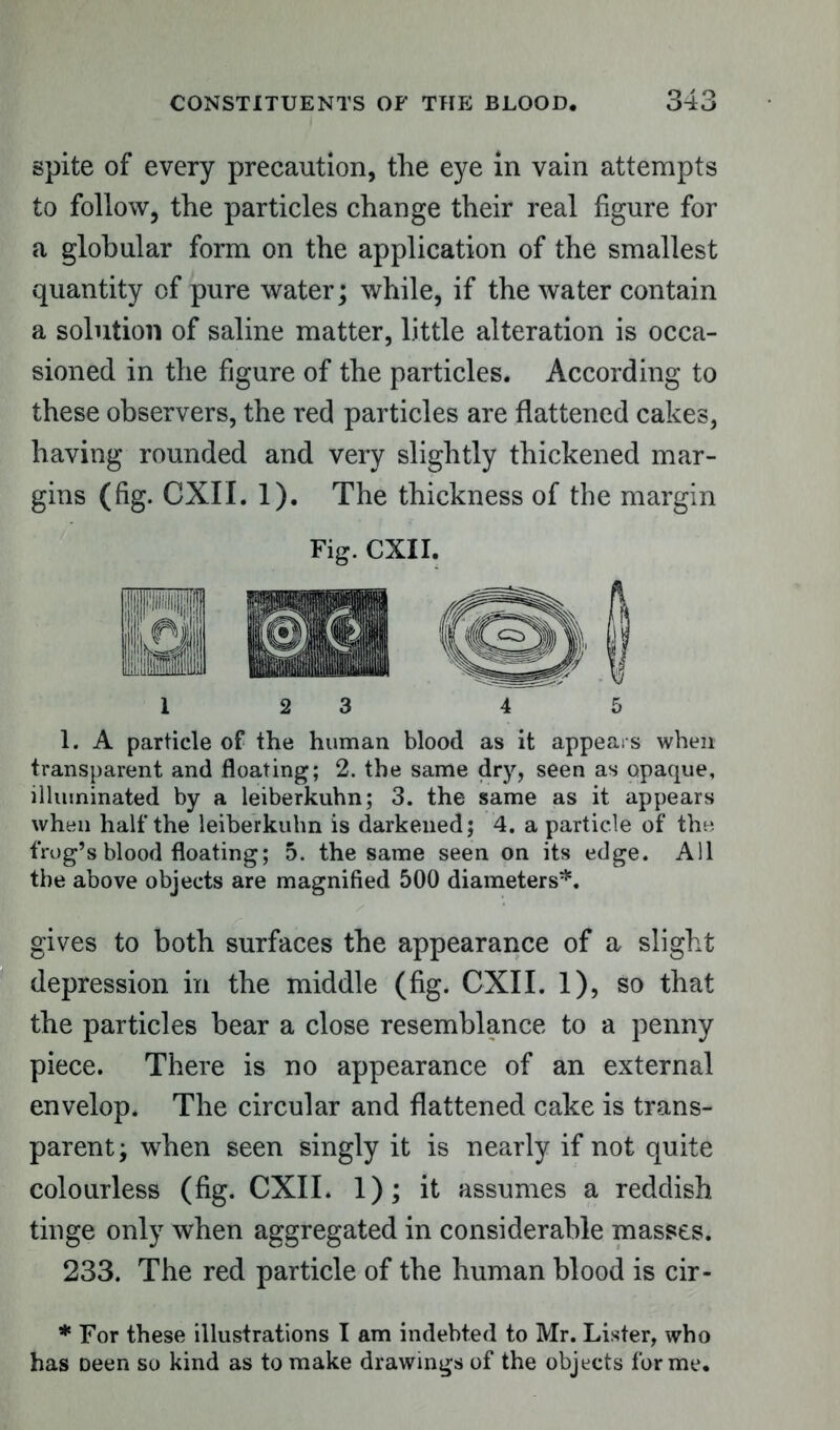 spite of every precaution, the eye in vain attempts to follow, the particles change their real figure for a globular form on the application of the smallest quantity of pure water; while, if the water contain a solution of saline matter, little alteration is occa- sioned in the figure of the particles. According to these observers, the red particles are flattened cakes, having rounded and very slightly thickened mar- gins (fig. CXIL 1). The thickness of the margin Fig. CXII. 12 3 4 1. A particle of the human blood as it appears when transparent and floating; 2. the same dry, seen as opaque, illuminated by a leiberkuhn; 3. the same as it appears when half the leiberkuhn is darkened; 4. a particle of the; frog’s blood floating; 5. the same seen on its edge. All the above objects are magnified 500 diameters*. gives to both surfaces the appearance of a slight depression in the middle (fig. CXII. 1), so that the particles bear a close resemblance to a penny piece. There is no appearance of an external envelop. The circular and flattened cake is trans- parent; when seen singly it is nearly if not quite colourless (fig. CXII. 1); it assumes a reddish tinge only when aggregated in considerable masses. 233. The red particle of the human blood is cir- * For these illustrations I am indebted to Mr. Lister, who has Deen so kind as to make drawings of the objects forme.